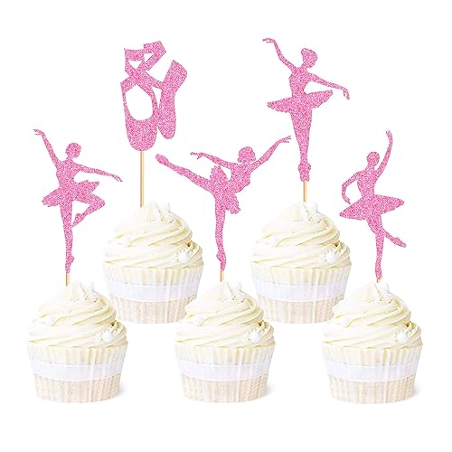 Ercadio Paquete de 30 decoraciones de tutú de bailarina para cupcakes con purpurina rosa para ballerina, decoración de cupcakes para bailarina, baby