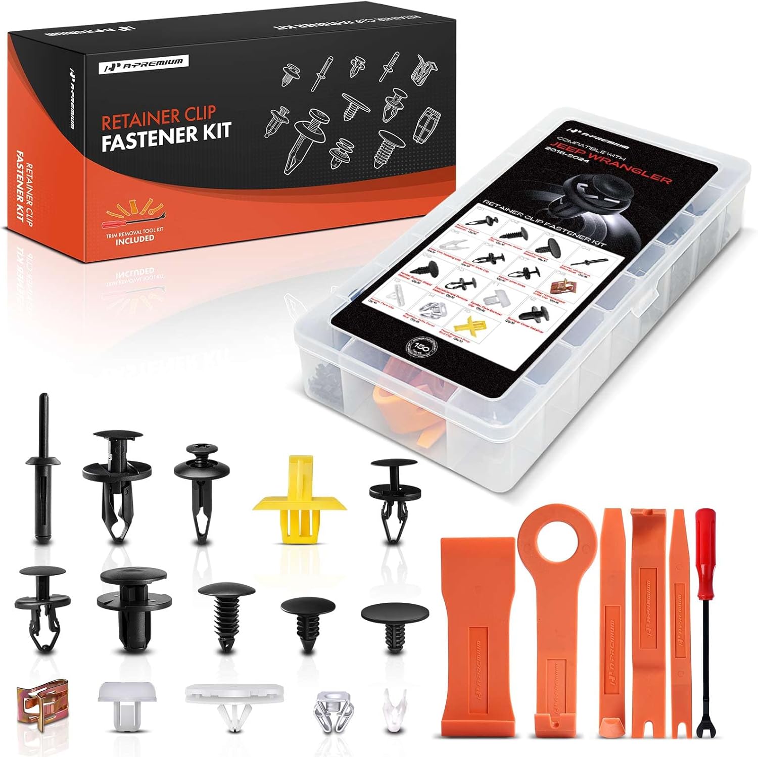 A-Premium 15 Sizes 36.32oz Bumper Fender Pillar Trim Retainer Clips Kit Compatible with Jeep Wrangler 18-24 Hood Insulation Wheel Car 150PCS Plastic Rivets Fasteners Push Retainer Kit, w/Removal Tool