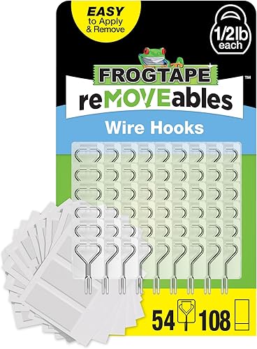 Miniatura 10 de FrogTape reMOVEables - Gancho adhesivo sin daños, ganchos de pared de alambre pequeños extraíbles y reutilizables para colgar, sin clavos, incluye 9