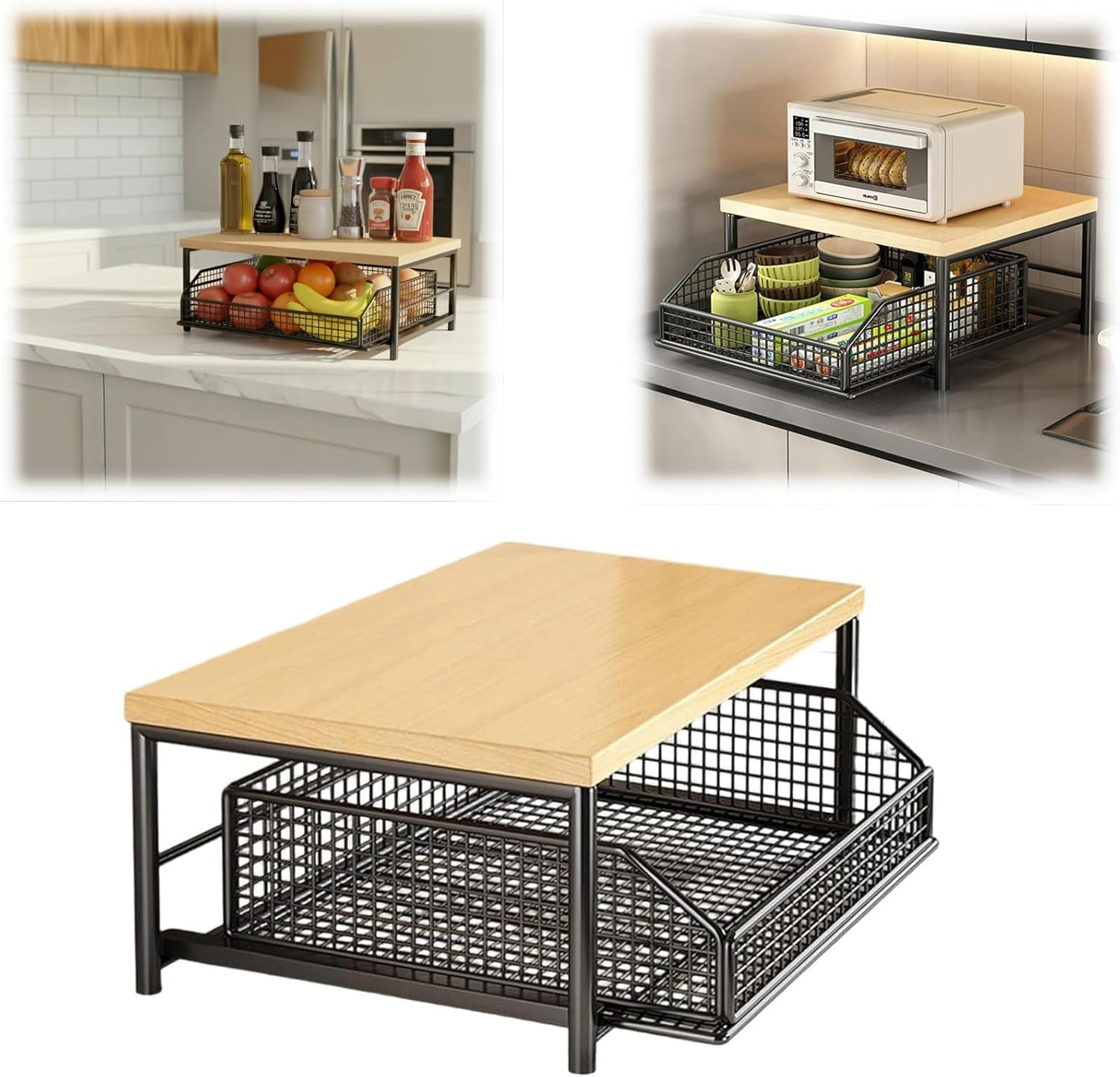 Organizador de encimera de cocina con cajón y cesta | Estante de 2 niveles para cafetera, microondas, tostadora y especias | Almacenamiento que ahorra espacio para mostrador y despensa (negro)