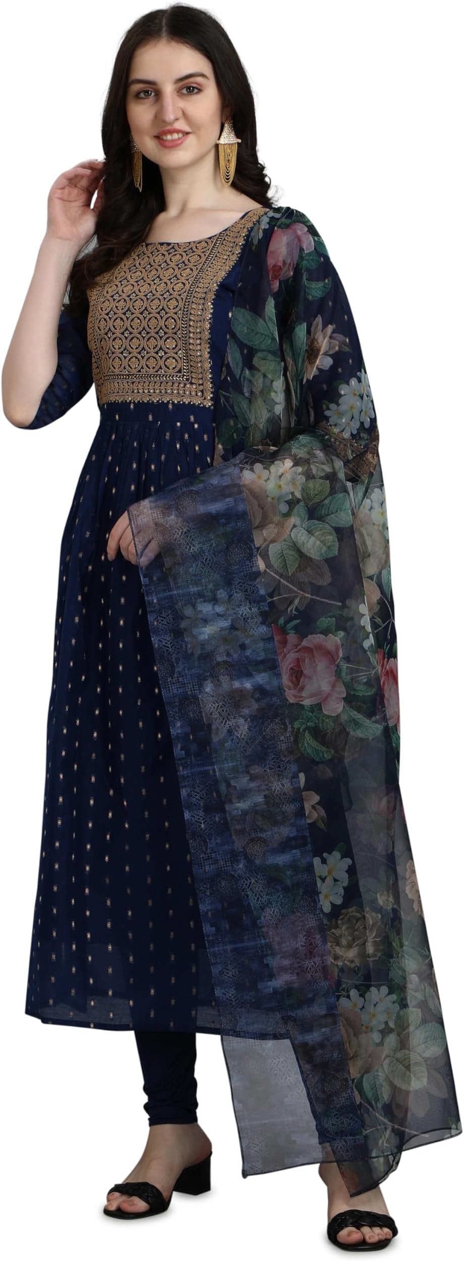 VredeVogel Women's Chanderi Modal Butti Straight Kurta With Stretchable Leggings & Organza Dupatta Set