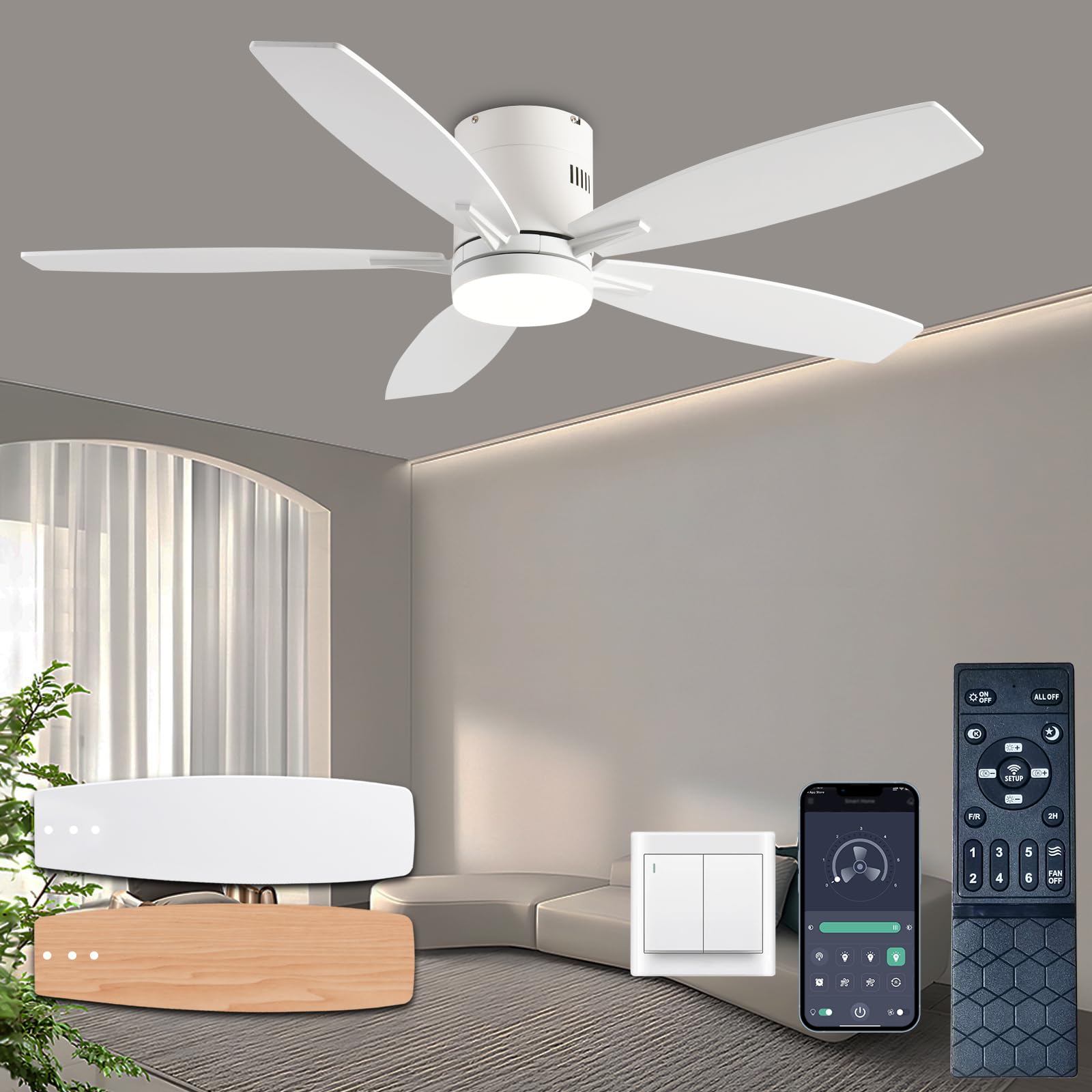 KNUN 52 Inch Low Profile Ceiling Fan with Light and Remote/App Control,Ceiling Fans with Lights, 3CCT,Dimmable,Noiseless,Flush Mount,White Ceiling Fan for Indoor/Outdoor Use