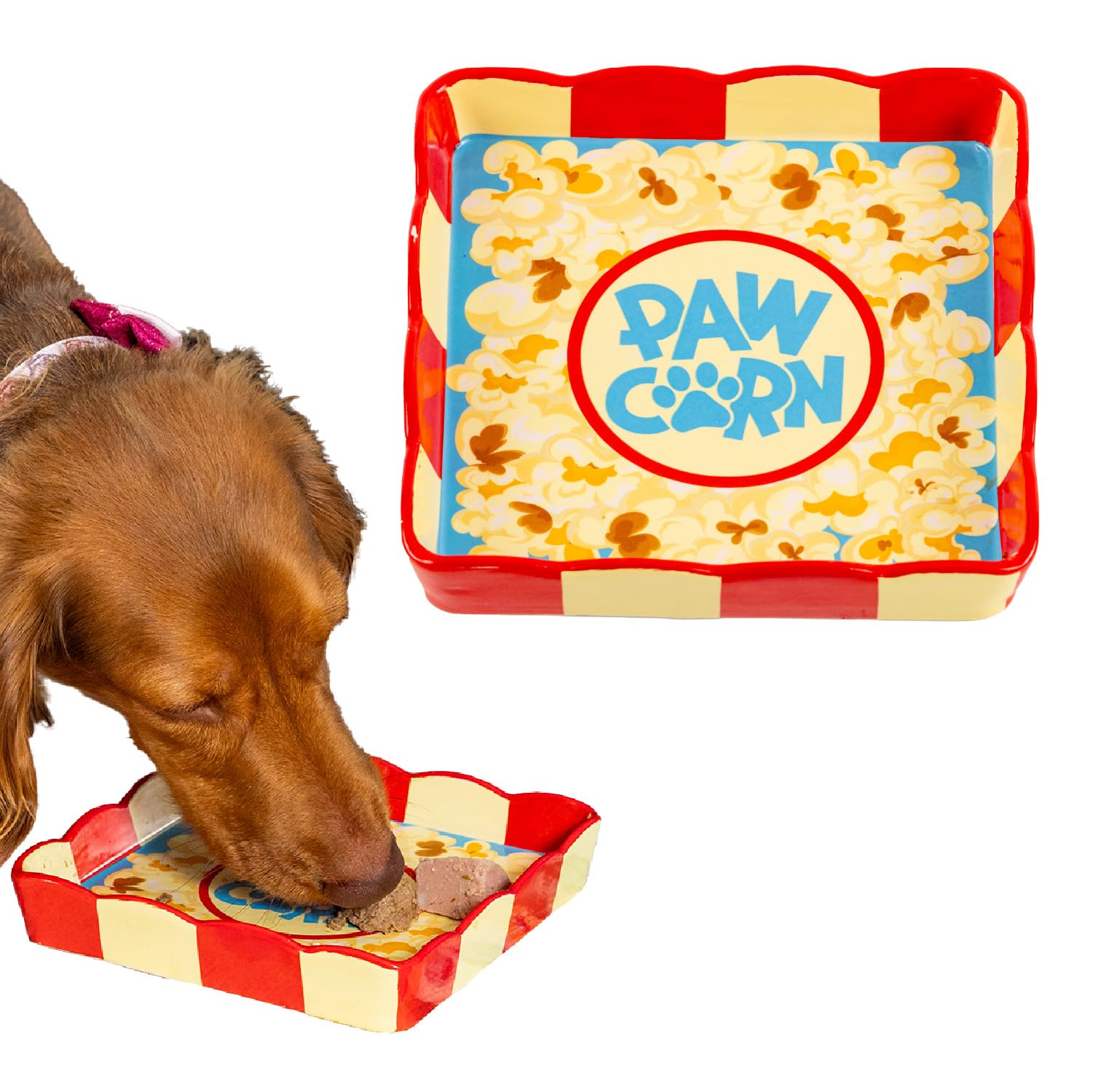 Pawcorn Shallow Whisker Fatigue Food Bowl for Cats and Small Dogs, Wide Non-Slip Pet Feeding Dish, Easy Clean Plate for Wet or Dry Food, Fun Popcorn