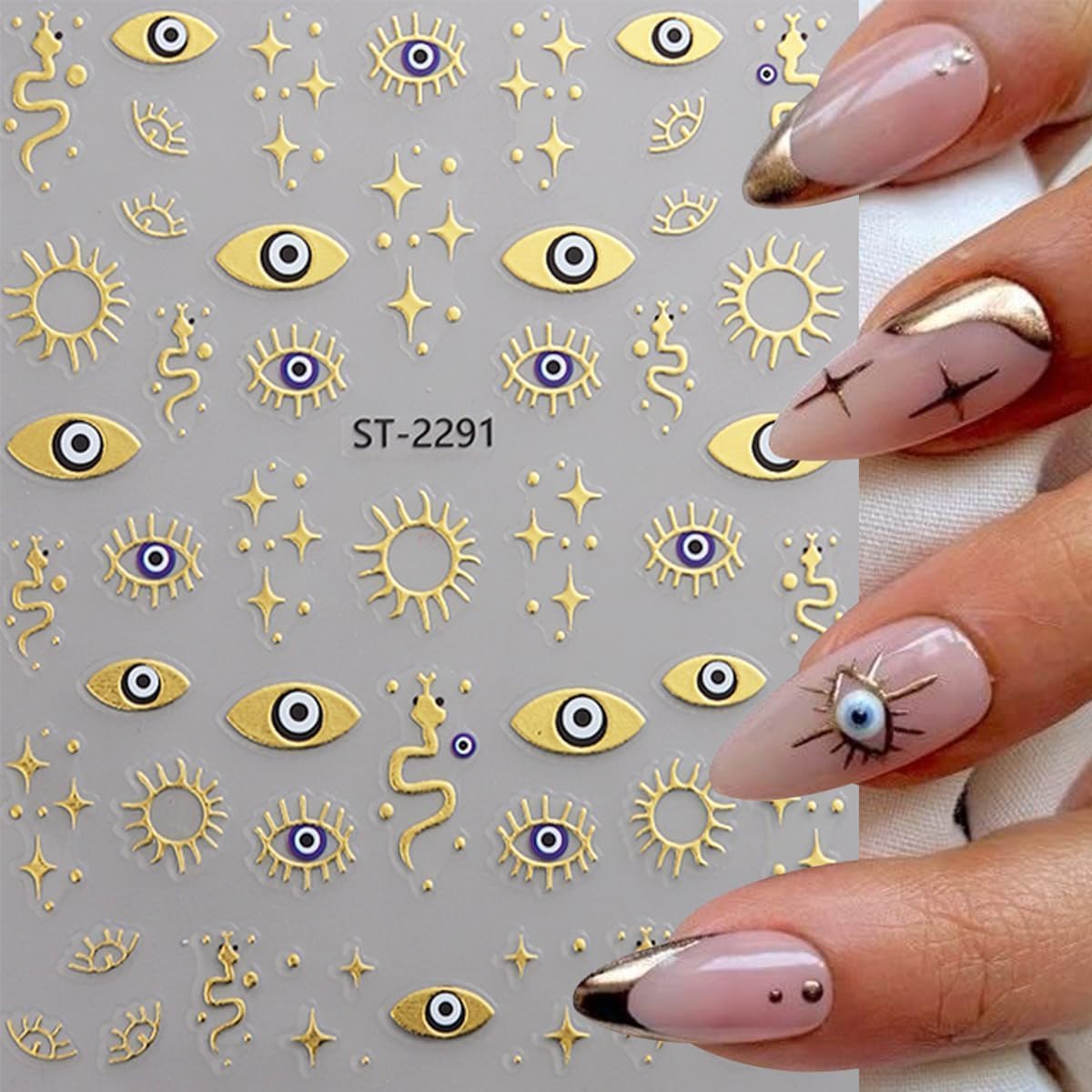 12 Sheet Gold Eye Nail Stickers Decals 3D Self Adhesive Goth Nails Decals Gold Silver Sun Star Nail Art Stickers Metallic Snake Horror Eye Gothic Design Sticker for Women Manicure Decoration