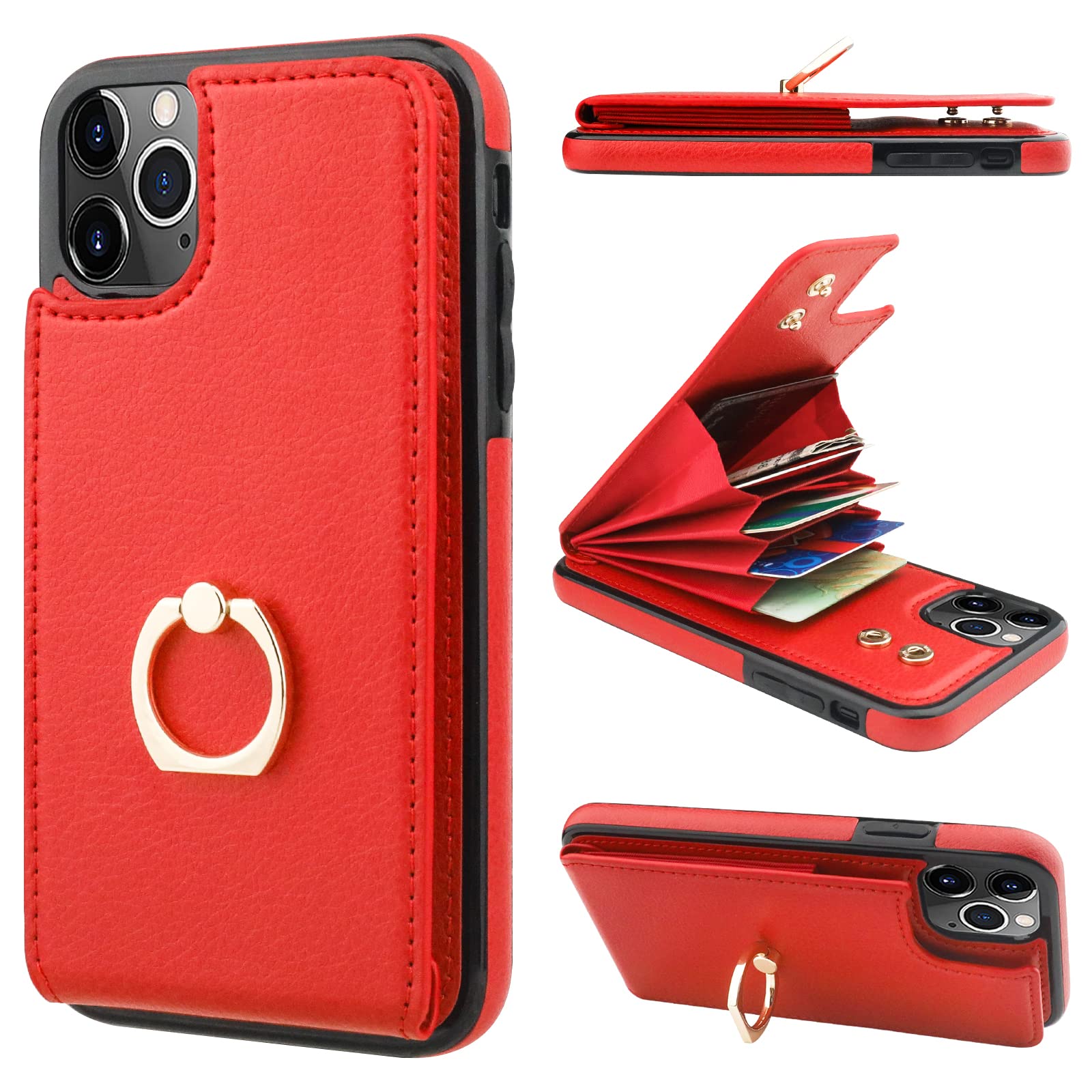 Folosu Compatible with iPhone 11 Pro Max Case Wallet with Card Holder, 360°Rotation Finger Ring Holder Kickstand Protective RFID Blocking PU Leather