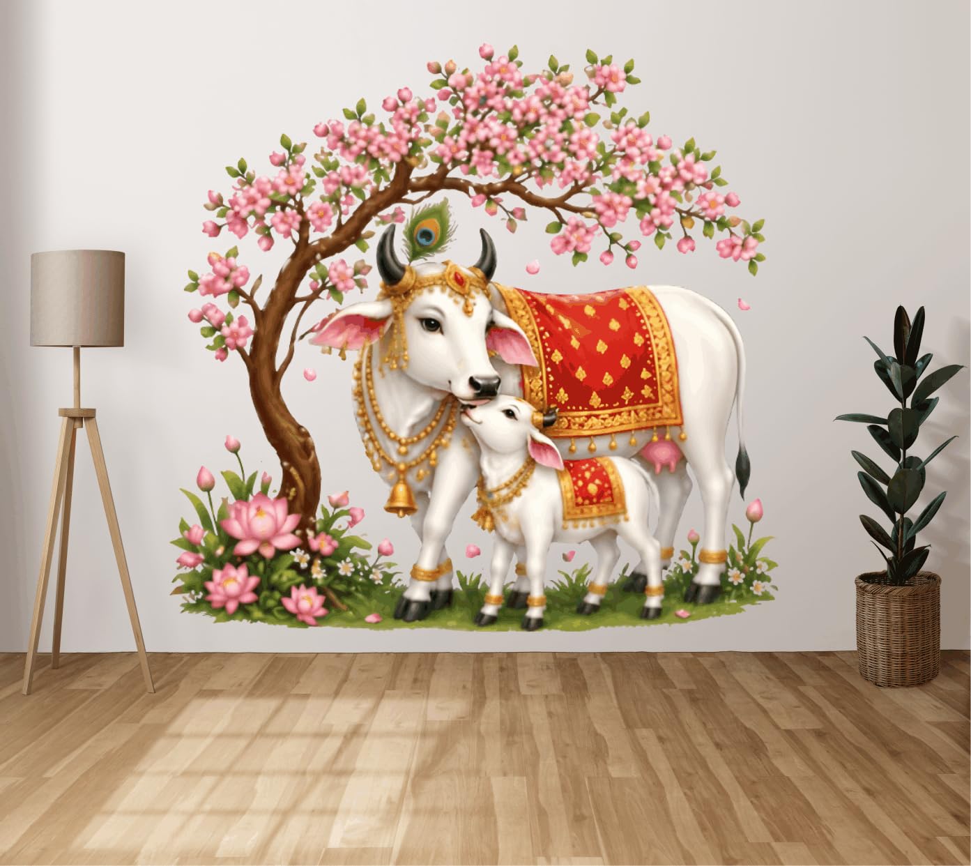 Kamdhenu Cow and Calf Wall Sticker 24x24 Inch | Gomata with Blossom Tree Religious Wall Decor | Pooja Room Temple Wall Sticker-image-17