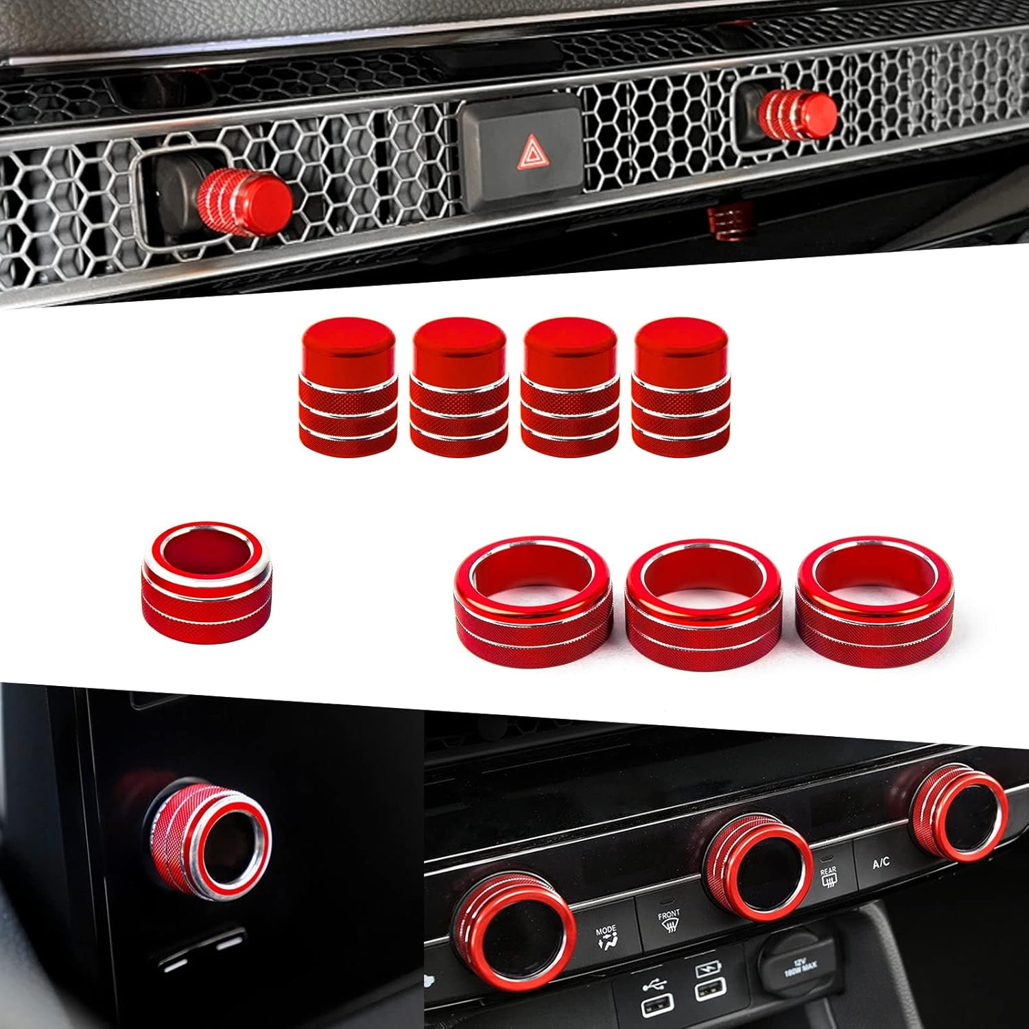 x xotic tech Red Aluminum Alloy AC Climate Knob Switch + AC Air Vent Knob + Navigation Knob Ring Combo Cover Trim, Compatible with Honda Civic 2022-2024 2025 2026, CRV or Acura Integra 2023 2024 2025