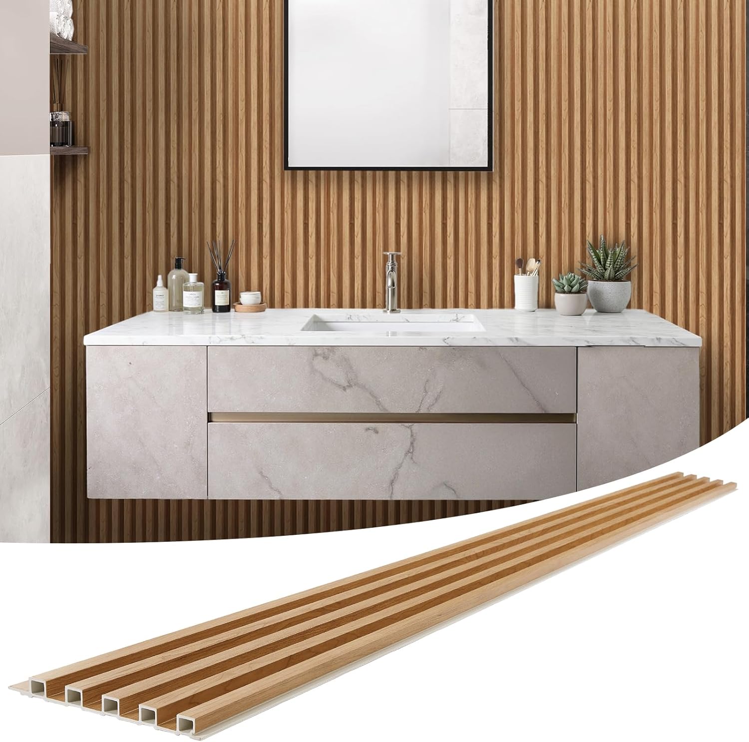 WPC Slat Wall Panels 8 Pack 96" x 8.2", Waterproof Fluted Wall Paneling, Accent 3D Wall Panel for Wall Decor, Bathroom, Bedroom, Office - Widen High Grille Elm (Cover Approx.44 sq.ft)