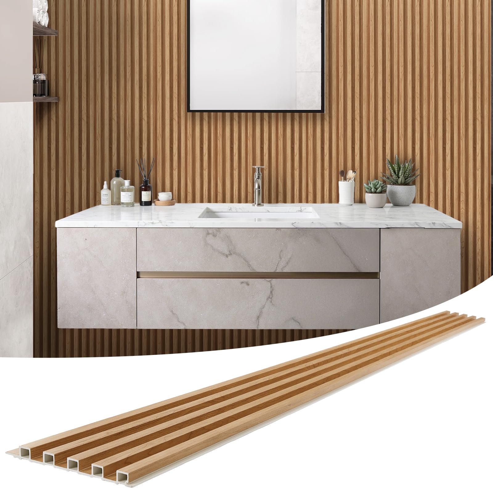 WPC Slat Wall Panels 8 Pack 96" x 8.2", Waterproof Fluted Wall Paneling, Accent 3D Wall Panel for Wall Decor, Bathroom, Bedroom, Office - Widen High Grille Elm (Cover Approx.44 sq.ft)