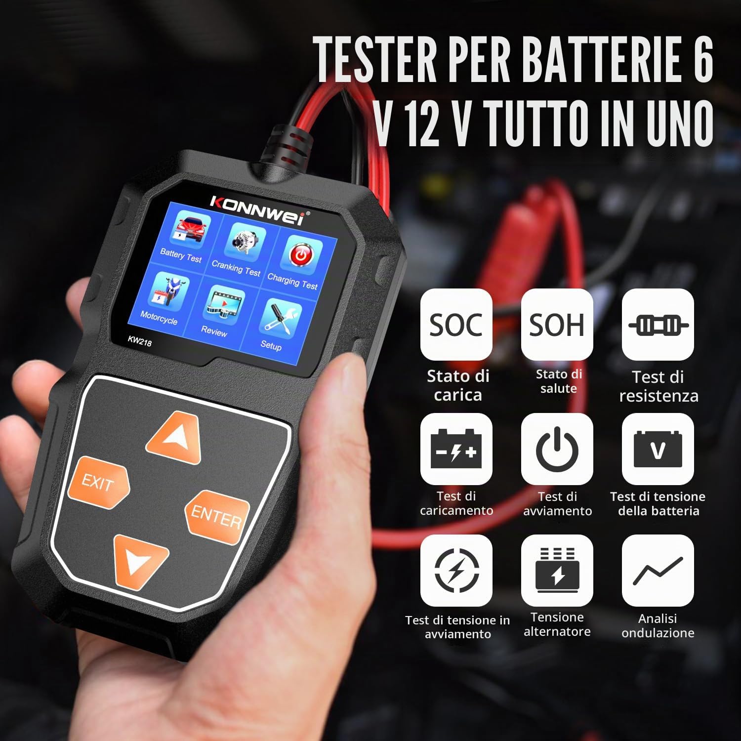 KONNWEI KW218 Tester per Batteria 6V 12V, Tester Carico Digitale 100-2000 CCA per Auto, Camion, Marina, Moto, SUV, Barca - Strumento di Test Alternatore