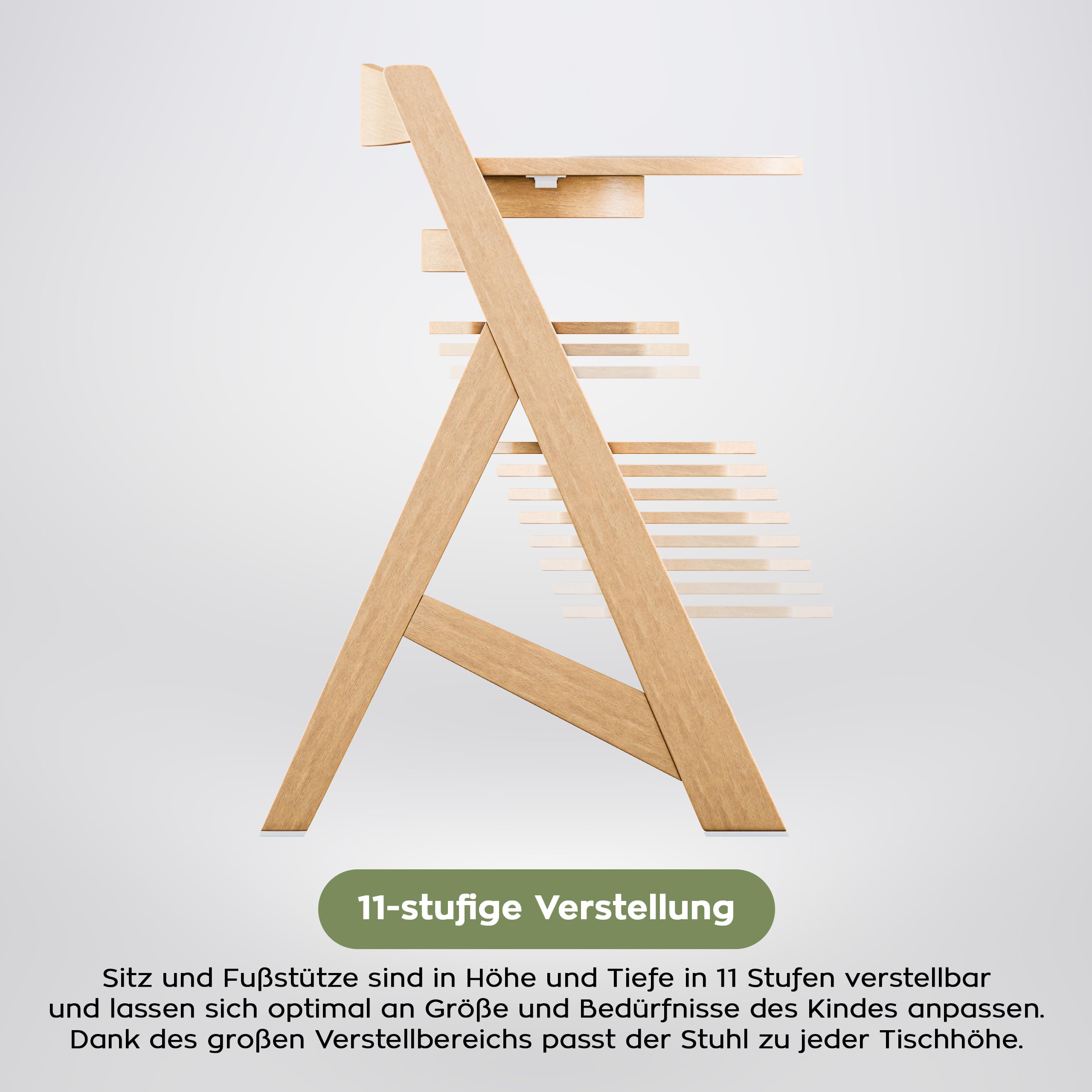 Tulano Morsel 40 Kinderhochstuhl Holz – Mitwachsender Hochstuhl Baby 4in1 – Hochstuhl mit Tisch – 11-fach Verstellbar – Für Kinder ab 6 Monate bis 12 Jahre – Belastbar bis 40 kg – Eiche Natur