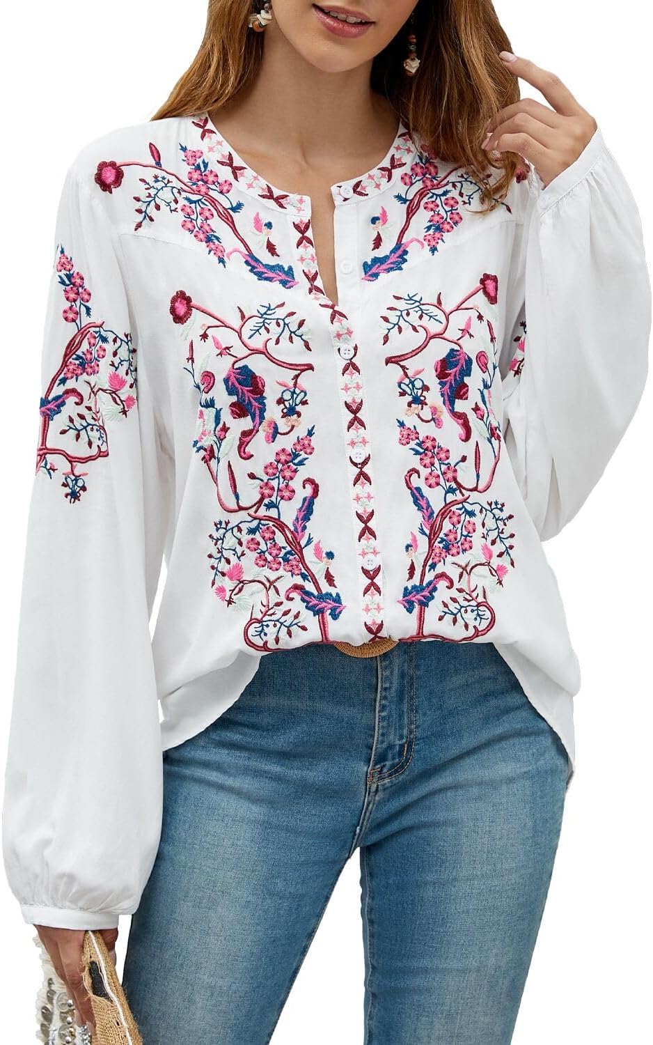 Womens Long Sleeve Shirts Fall Tops Embroidered Blouses Casual Loose Peasant Tunic Mexican Trendy Clothes - Image 2