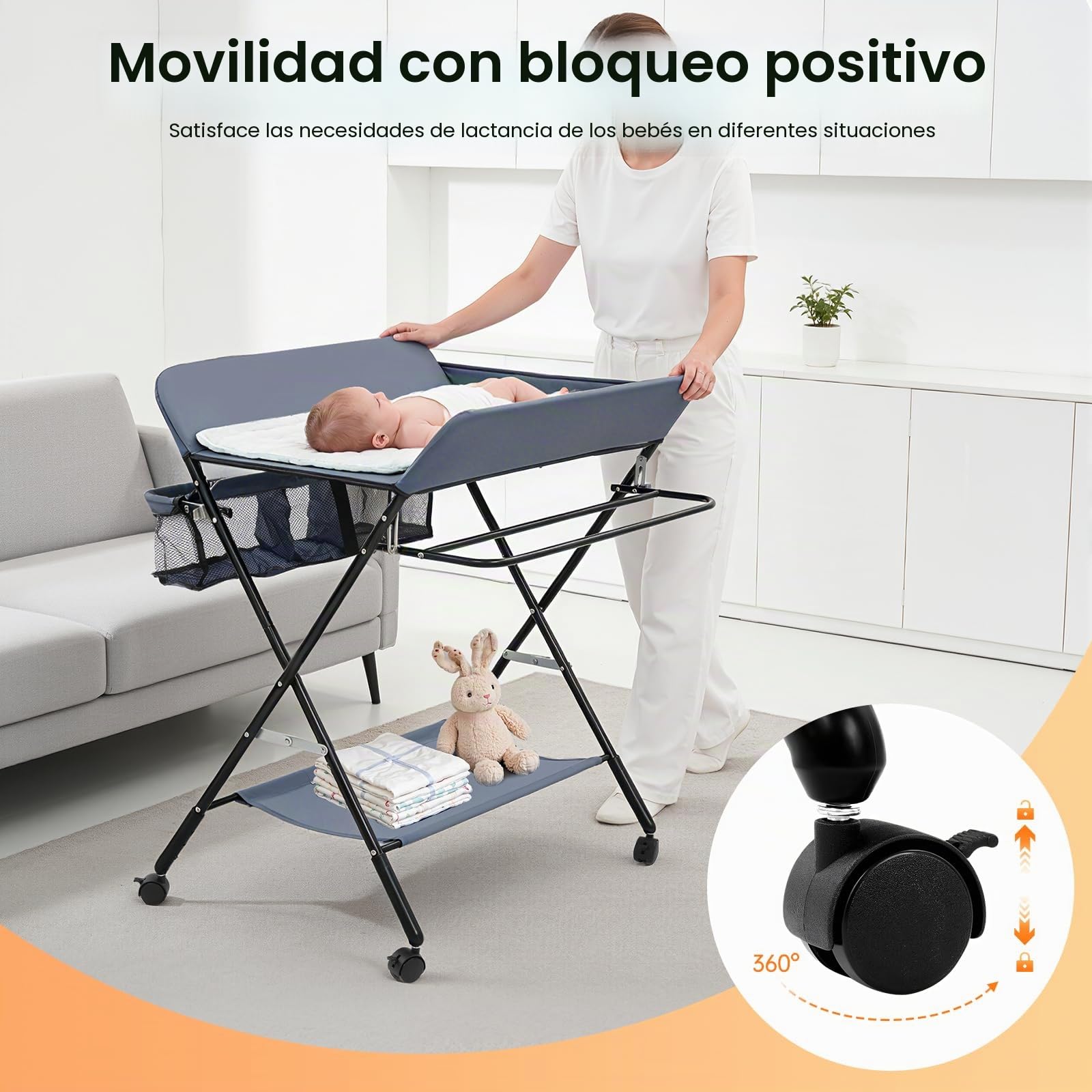 Cambiador plegable para bebé, con cambiador, cinturón de seguridad y compartimentos, ahorra espacio, estable (con ruedas)