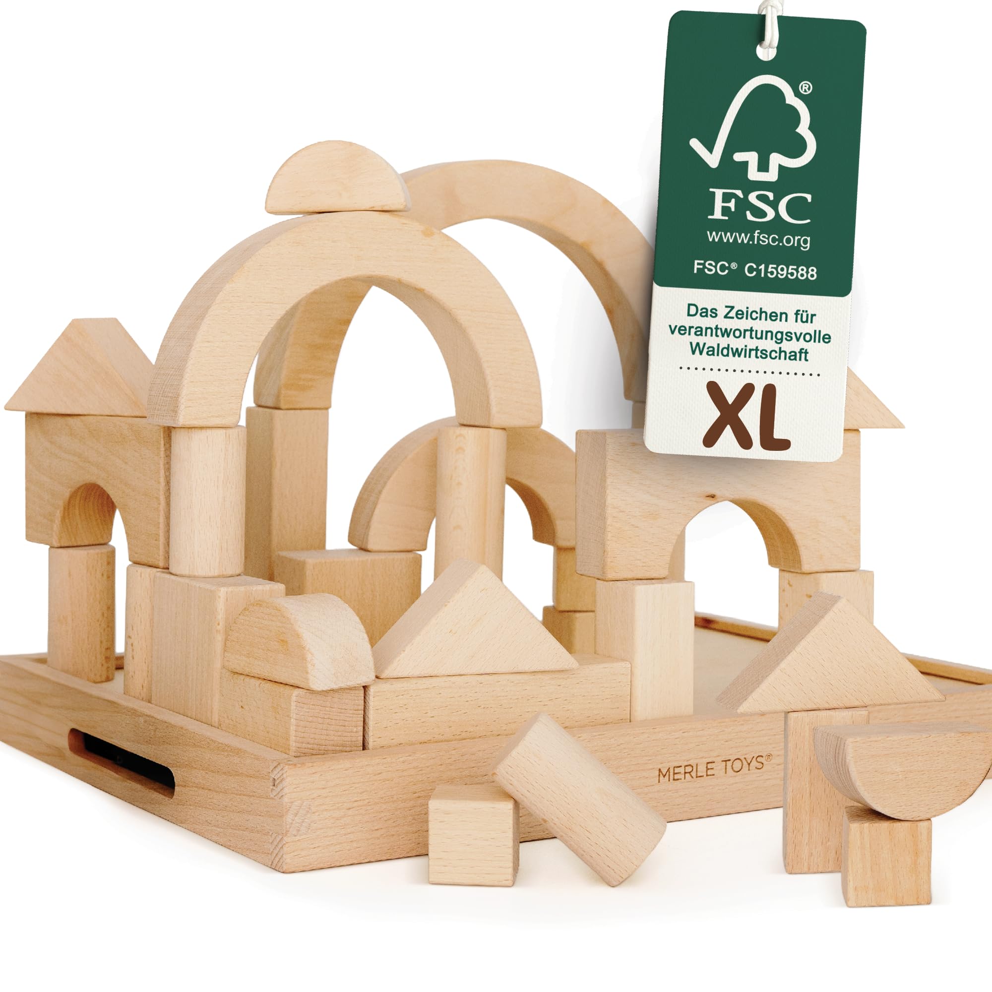 Merle Toys® Premium Drewniane Klocki Konstrukcyjne Naturalne, Duże Drewniane Klocki do kreatywnego budowania, Klocki dla dzieci od 2 lat, Klocki konstrukcyjne od 3 lat, 100% FSC, 30 elementów