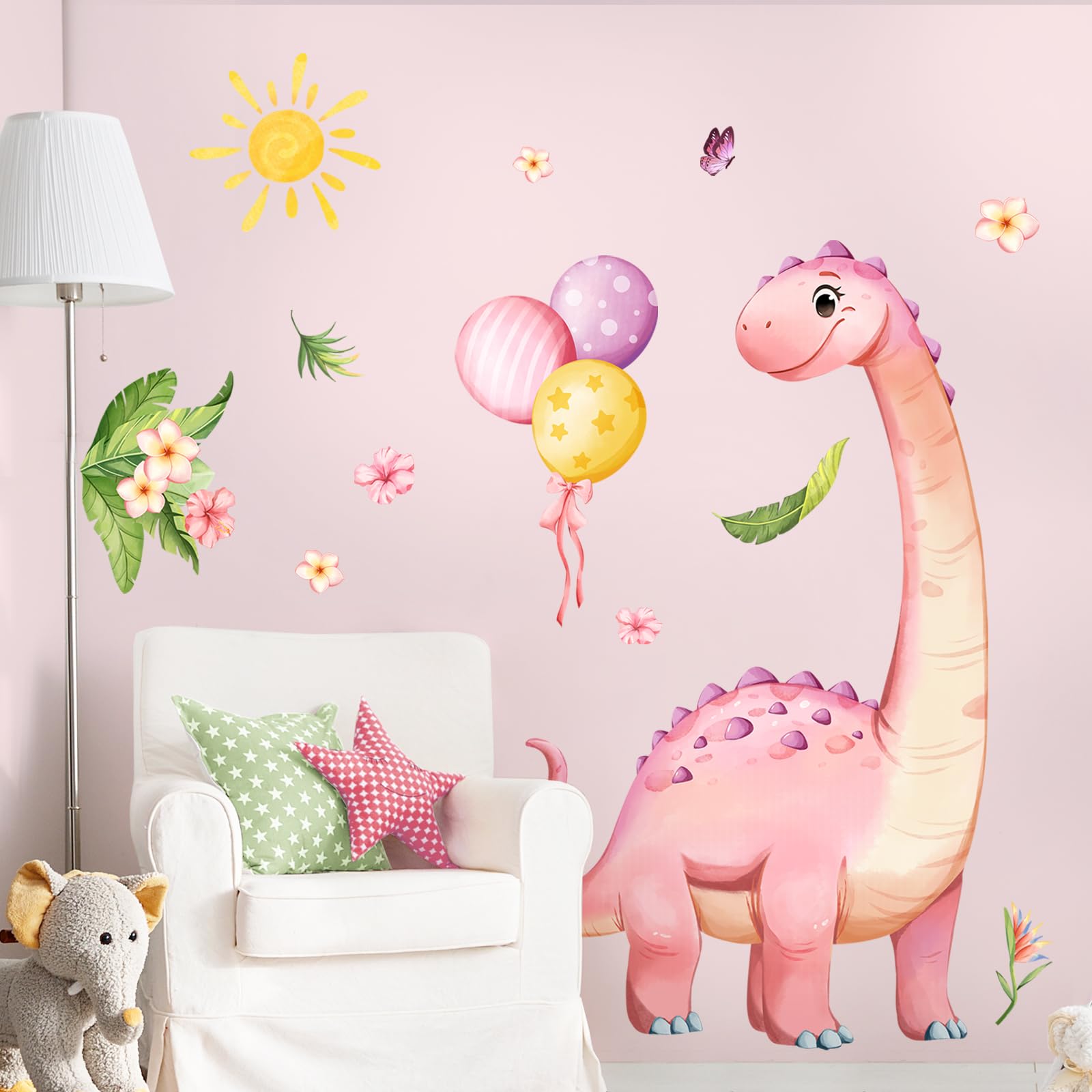 Supzone Large Dinosaur Wall Stickers for Girls Bedroom Pink Dinosaur Wall Decals Dino Wall Art Decor for Baby Girls Nursery Kids Bedroom Living Room Toddlers - Image 2