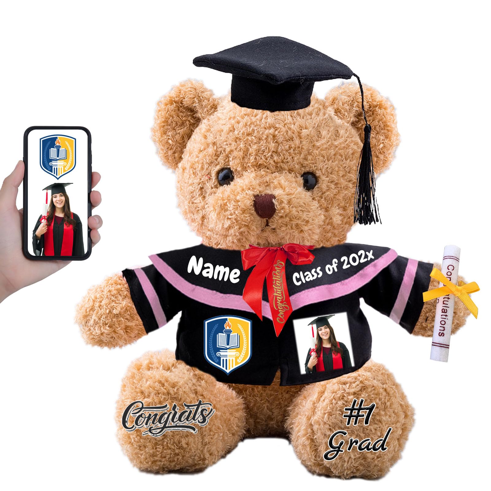 FAHOXUMR Graduation Teddy Bear with Text+Photo, Personalised Bear Stuffed Animal as 2026 Graduation Gift for Him as High School College 2026 Kindergarten Grad Gift for Kids (12 IN-Text+Photo)