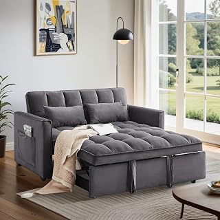 3 In 1 Velvet Convertible Sofa Bed, Pull Out Couch Bed with Reclining Backrest And 2 Pillows, 54" Full Size Loveseat Sleeper Sofa Futon Couch Bed, Couches For Small Spaces, Living Room (Grey)