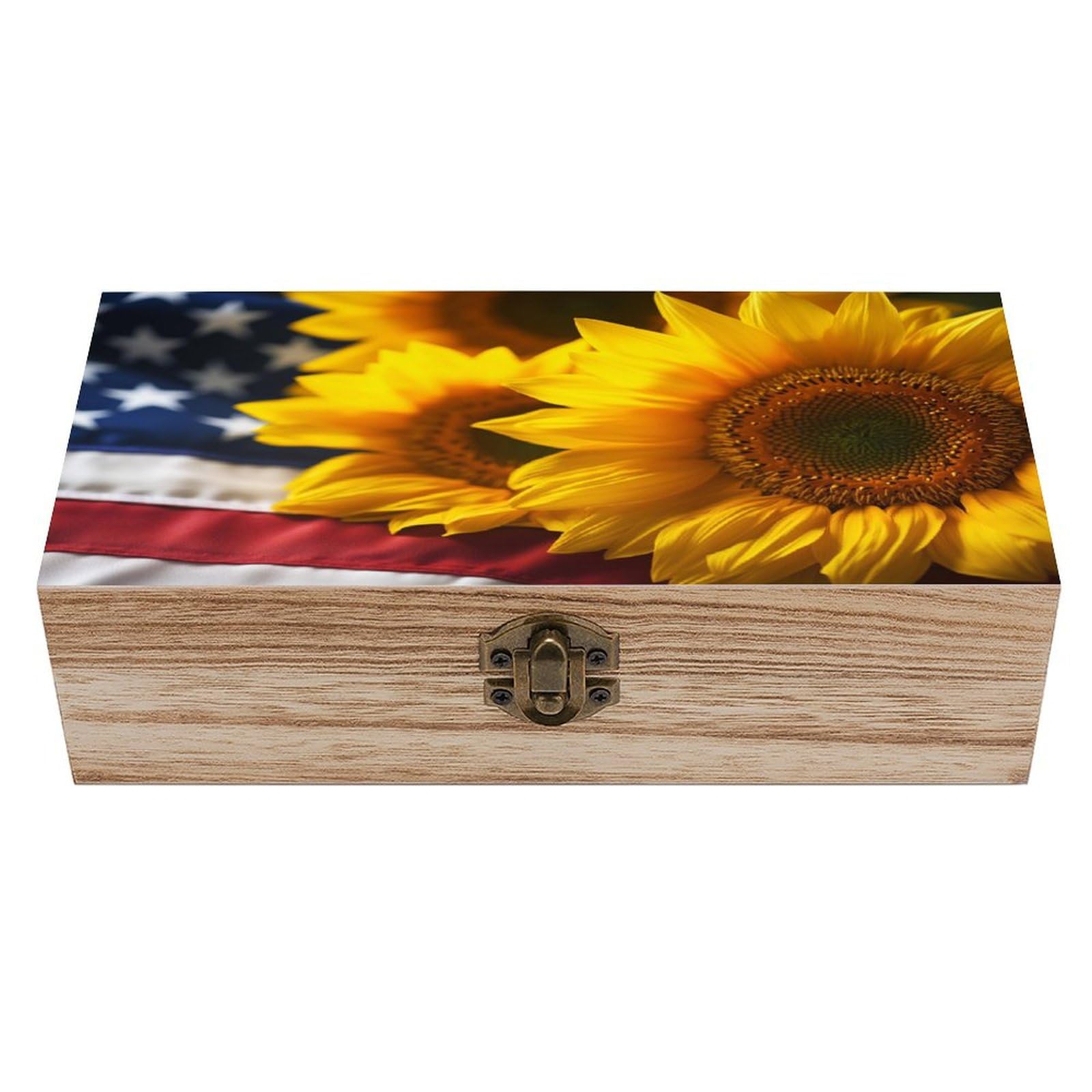 Ahdyr American Flag Sunflowers Wooden Storage Box with Hinged Lid And Front Clasp Large Keepsake Box