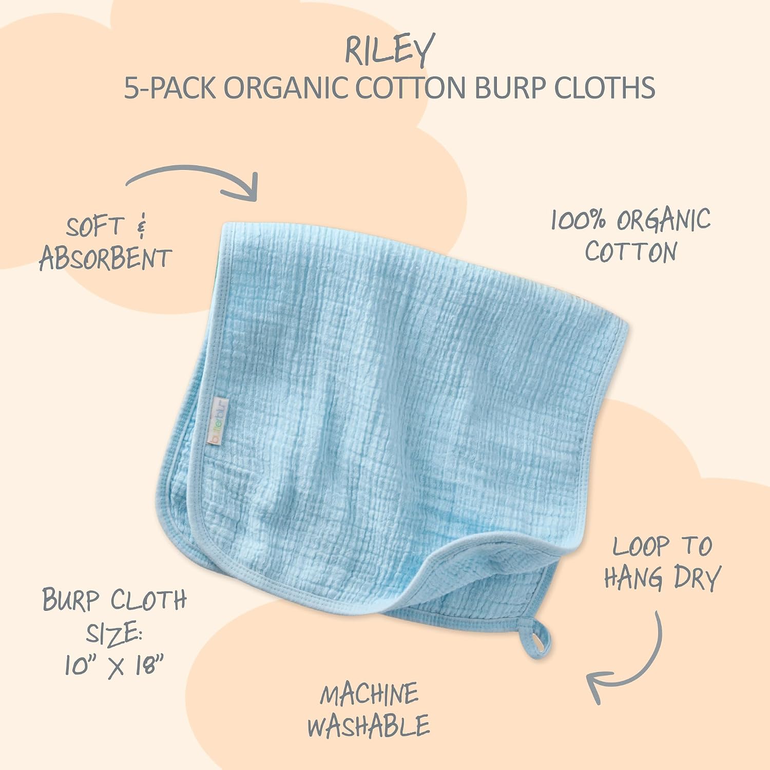 Butterblu Riley - Crinkle Burp Cloths, 5 Pack Muslin Burpcloths for Newborn Girls, Boys, Unisex​, Sunny, One Size