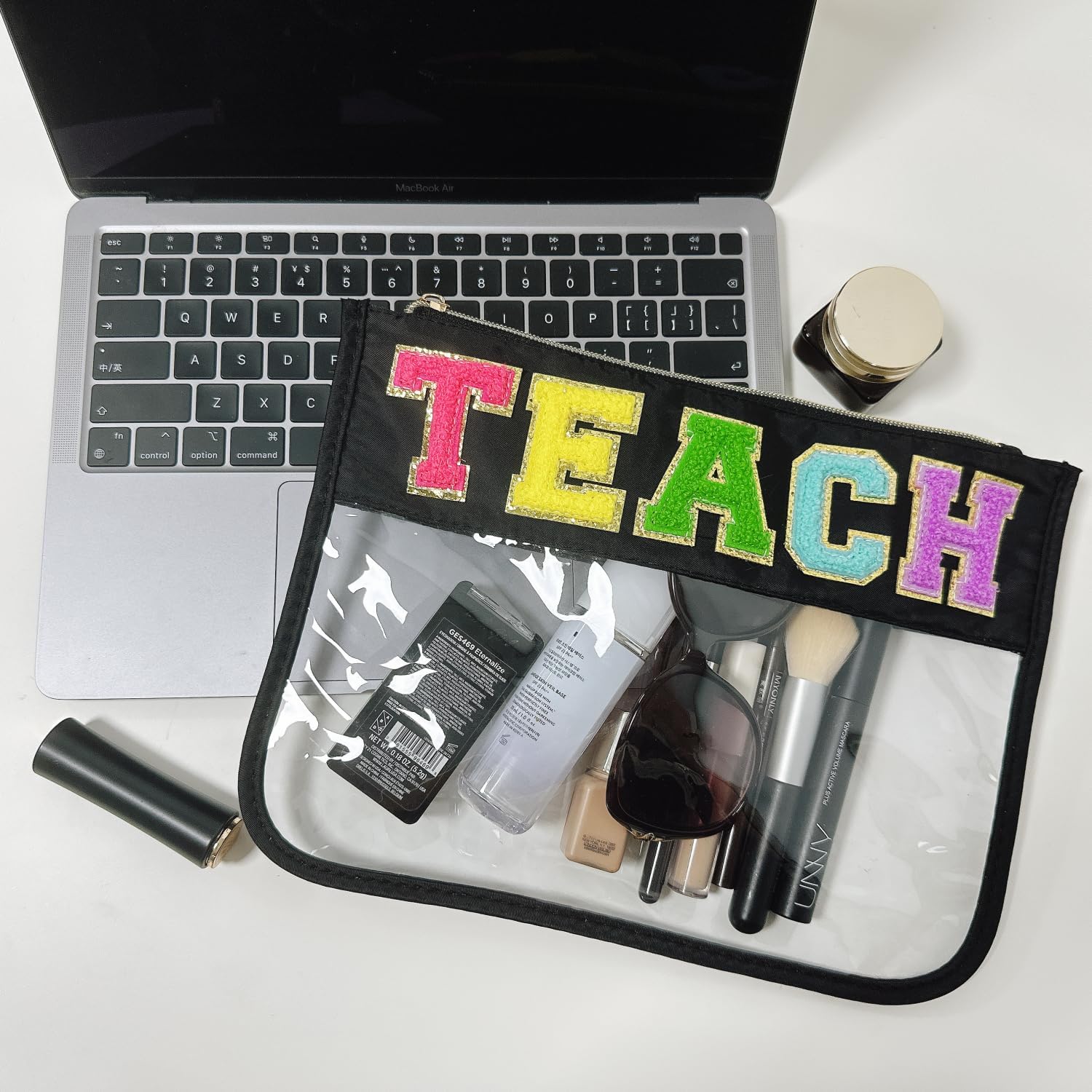 Teacher Appreciation Gifts Clear Makeup Letter Bag Pencil Bag Chenille Letter Patches Makeup Zipper Pouch Graduation Retirement Birthday Teacher Gifts for Women(Teach-black) - Image 3