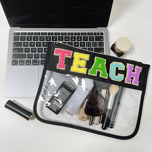 Miniatura 3 de cqoogrlx Bolsa de maquillaje transparente de felpilla con purpurina, parche de letras universitarias con cremallera, bolsa de aseo para viajes,