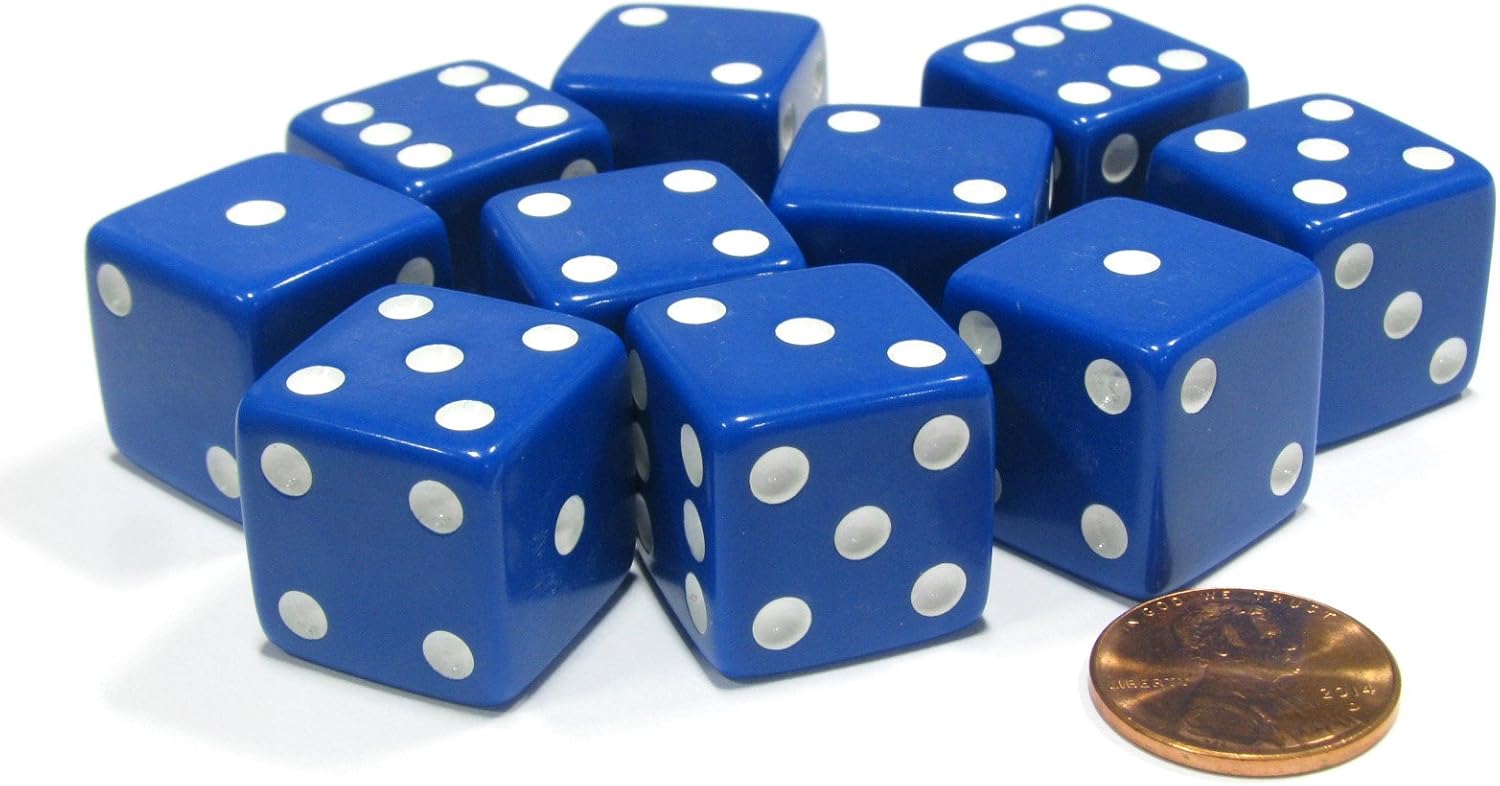 Set of 10 Large Six Sided Square Opaque 19mm D6 Dice - Blue with White Pip Die