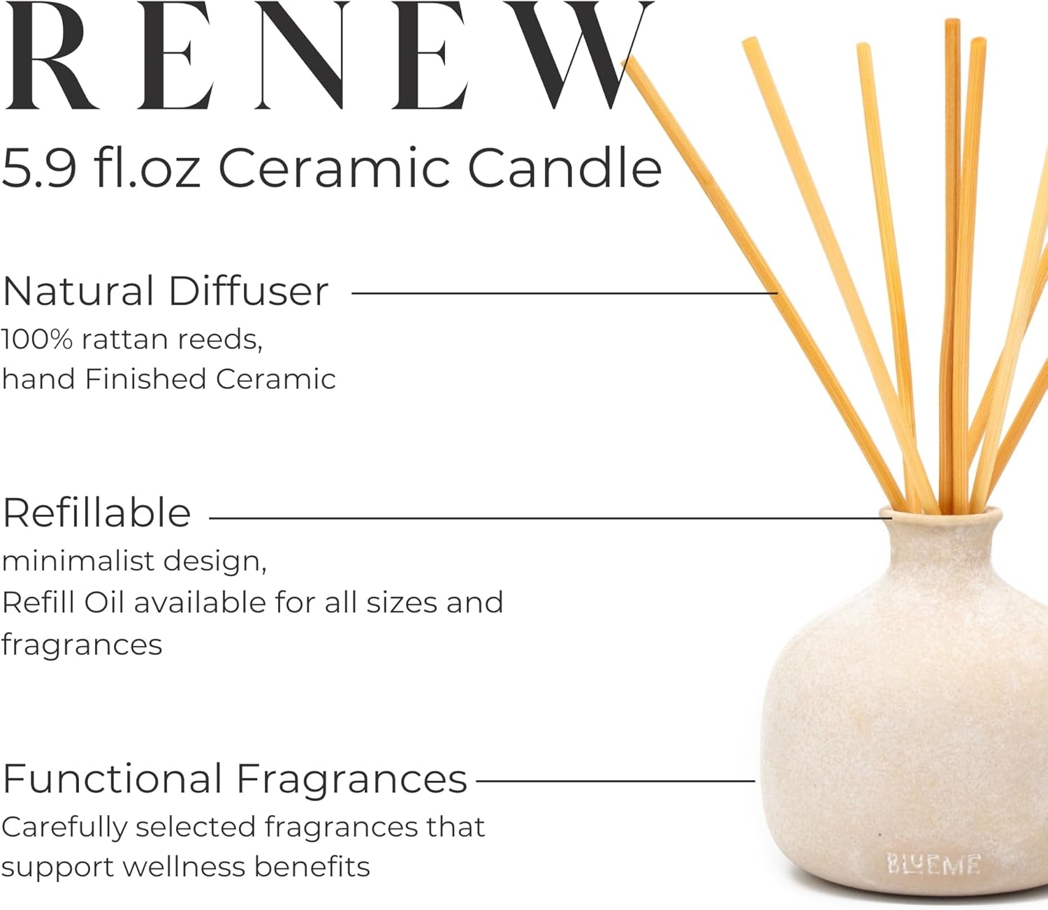 Blueme Renew Diffuser | Ivy & Rose | 5.92 Fl Oz - Refillable Wellness Diffuser, Contains Essential Oil, Sustainable, Hand Finished, Premium, Luxury Ceramic, Natural Rattan Reeds, | Small