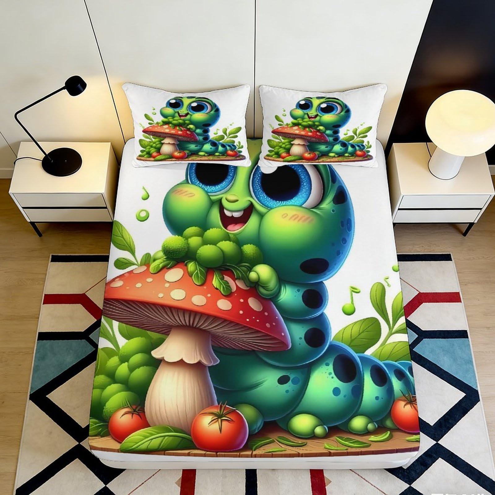 3D Printed Cartoon Caterpillar Fitted Sheet Microfiber Soft Mushroom Bed Cover for Bedroom Dorm Mattress Protection Decor 90x200x25cm