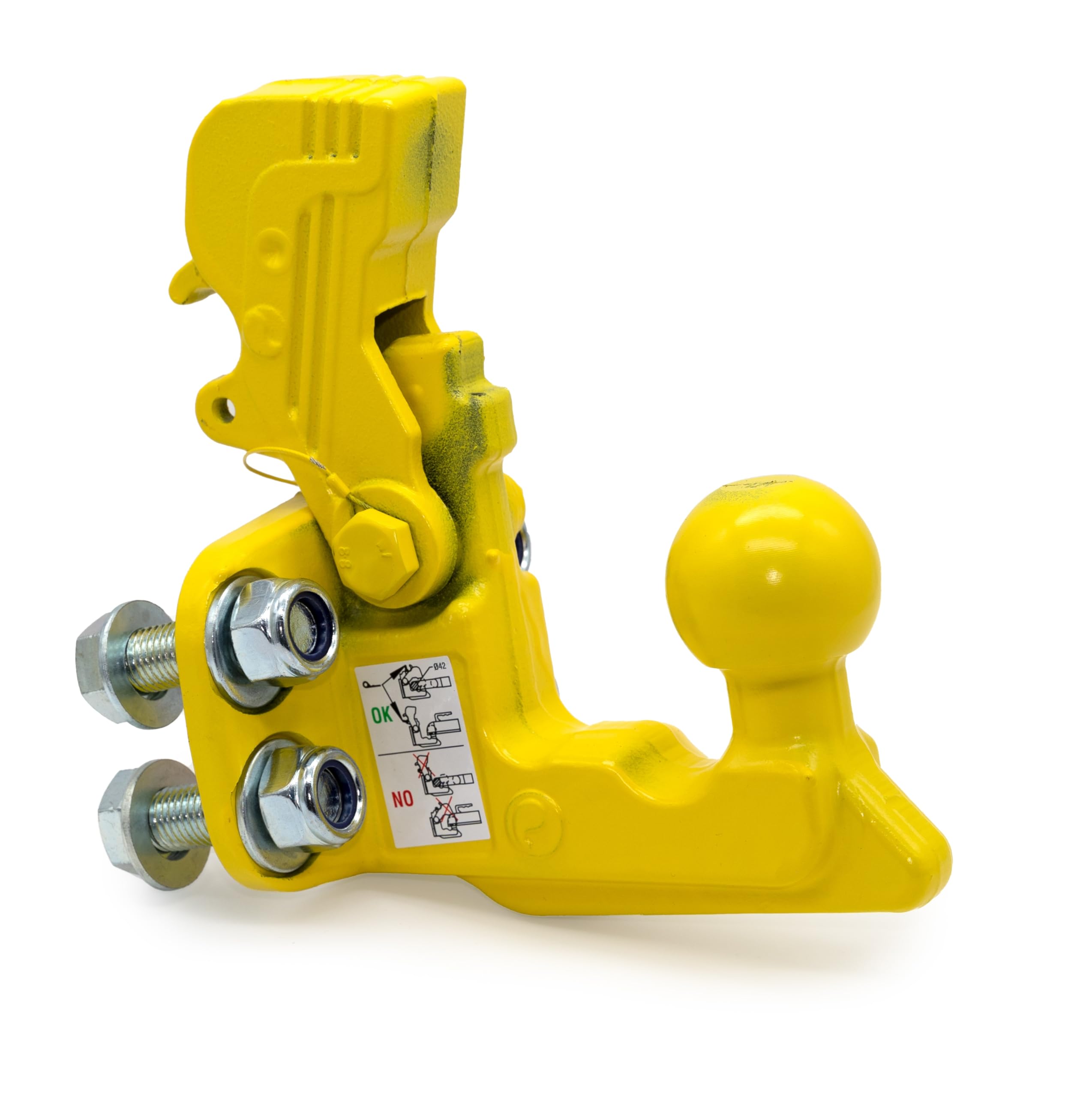 Crochet Boule attelage 3500Kg Mixte 4 Trous Jaune, Chape D’attelage 3T5 Boule diam 50mm, entraxe perçage 90x40mm, pour Anneaux 68 ou 76 mm. Livré avec visserie. Vendeur en France