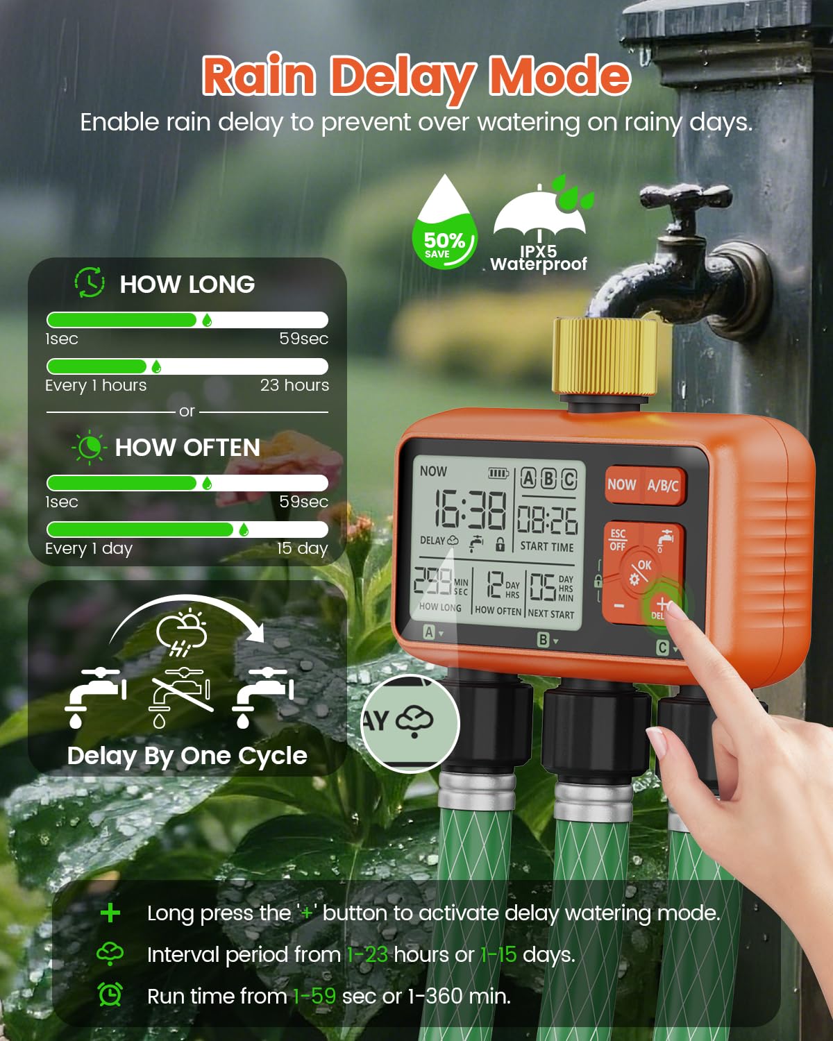 Timer per irrigatore a 3 zone con ingresso in ottone Timer dell'acqua per tubo da giardino Regolatore programmabile del rubinetto del tubo flessibile con controllo della zona indipendente Ritardo