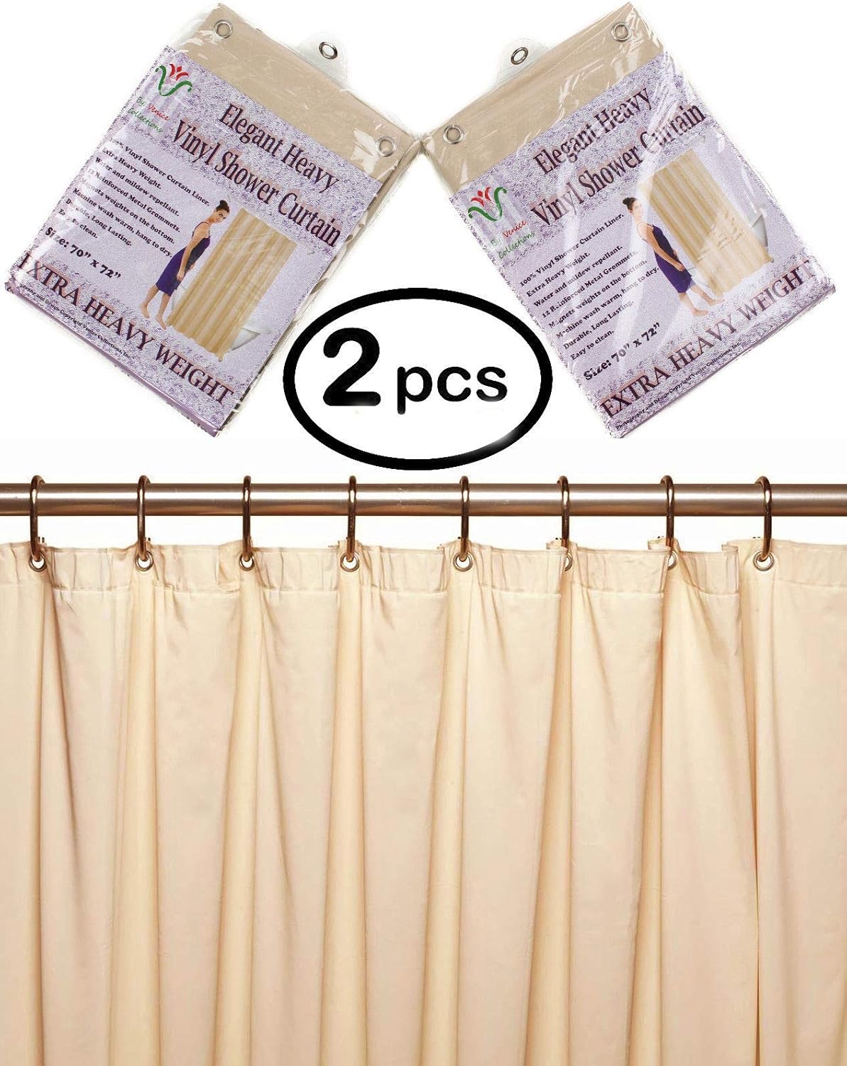 2-Pack Heavy Duty 100% Water Repellent, 10 Mil, Durable Shower Curtain Liner with Reinforced Header, Rustproof Grommets, & Weighted Magnetic Hem Sand