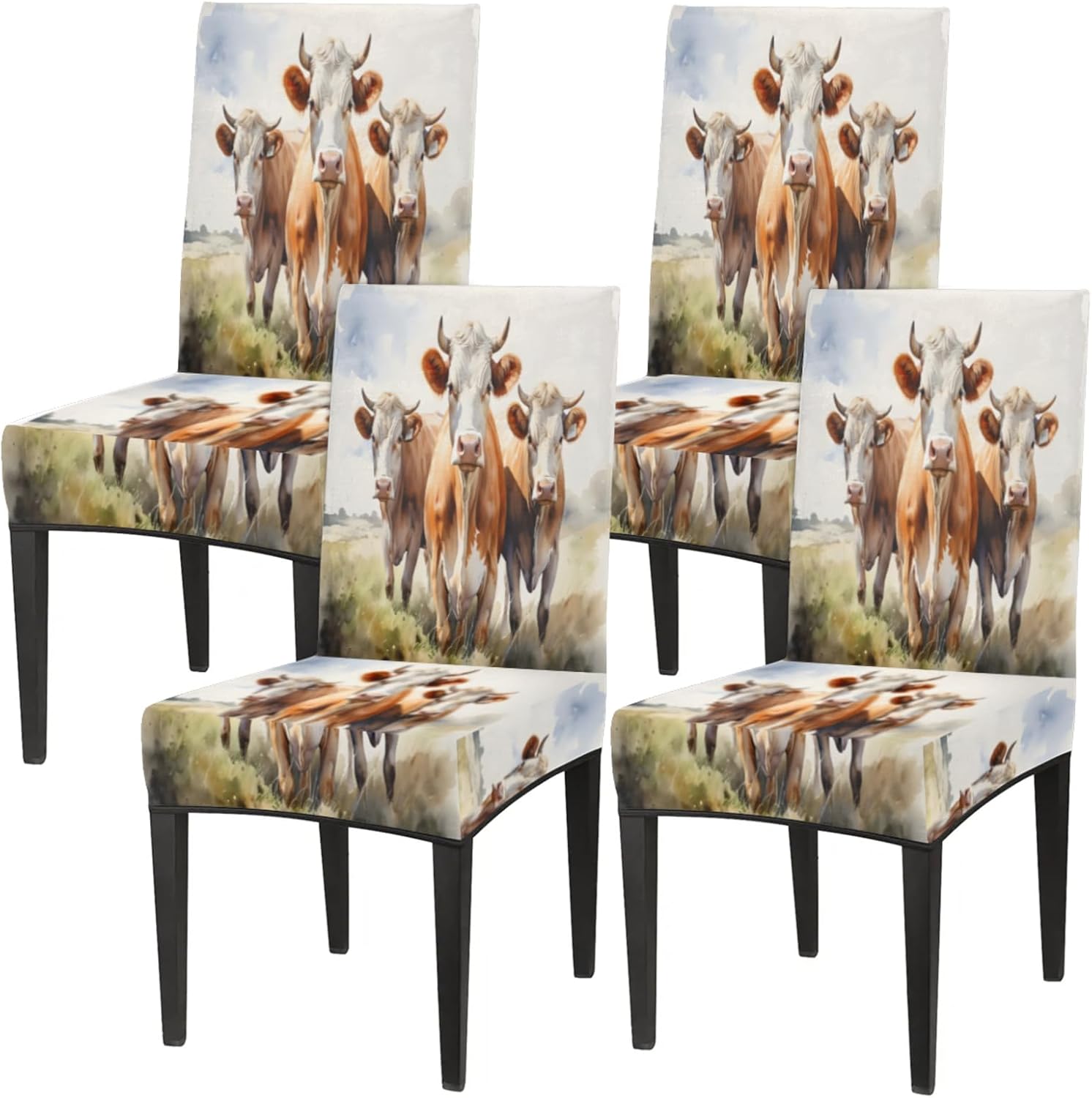 QsirBC Watercolor Cows Stretch Dining Room Chair Covers Set of 4 Chair Slipcovers Removable Washable Kitchen Seat Covers Chair Protectors for Hotel Party Wedding