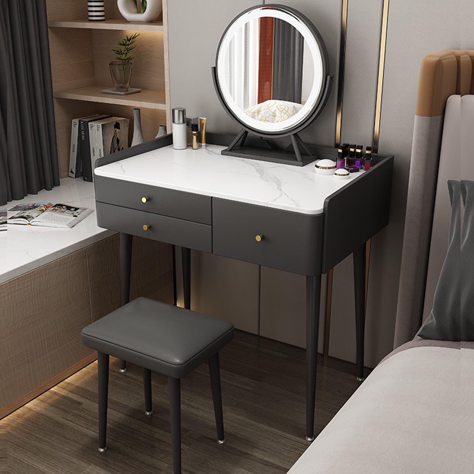 asdchZen Vanity Desk Set With Mirror & Stool, Stylish Makeup Table With Drawers For Bedroom, Modern Vanity Furniture,C-80cm/31.4in