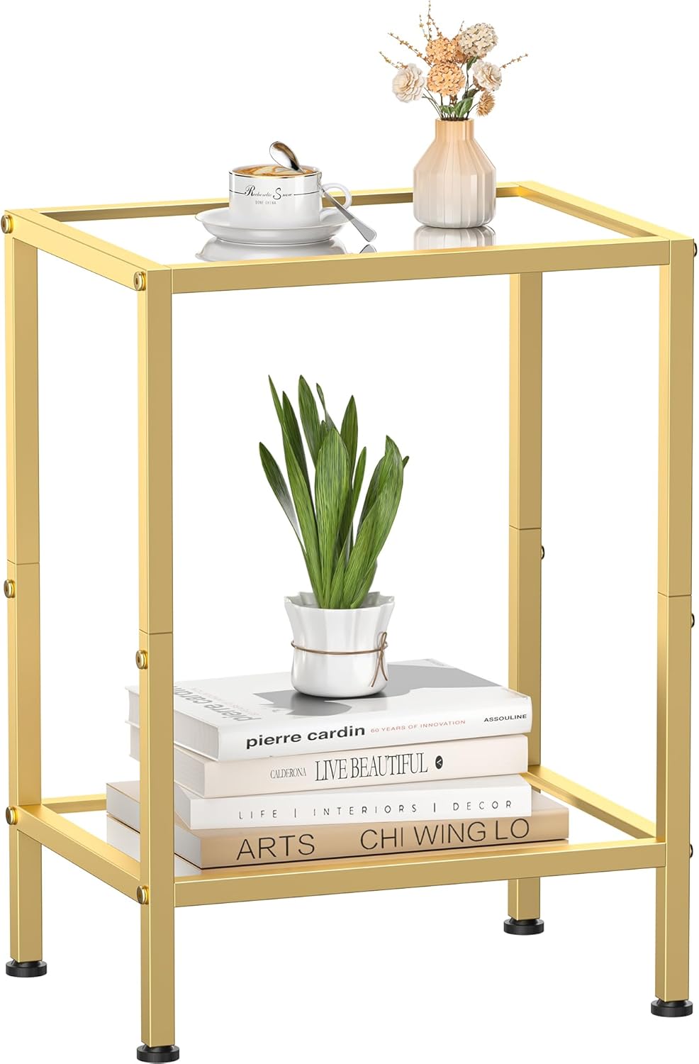 Gold Side Table, Tempered Glass End Table, 2-Tier Nightstands with Open Shelves, Small Coffee Table with Modern Style, Accent Table Small Table Sofa Table for Living Room, Bedroom