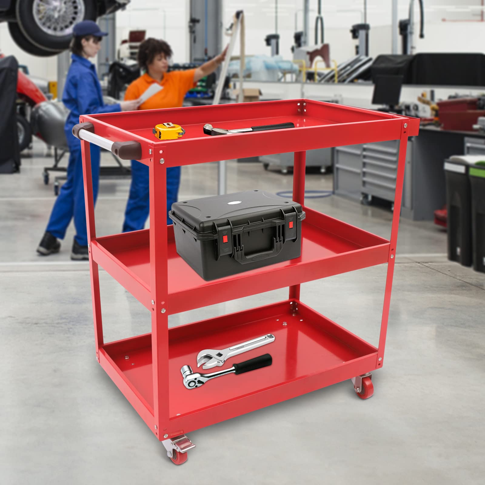 3 Tier Rolling Tool Cart with Lockable Wheels Mechanic Service Cart on Wheels Heavy Duty Steel Industrial Utility Cart Tool Organizer for Garage Warehouse Repair Shop 330Lbs Max Capacity (Red)