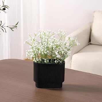 Black Ceramic Vase for Flowers, Decorative Boho Vase for Decor, Rectangle Vases for Tulips, Pampas Grass Vases for Living Room, Office, Mantel, Wedding, Dining Table, 7 Inches
