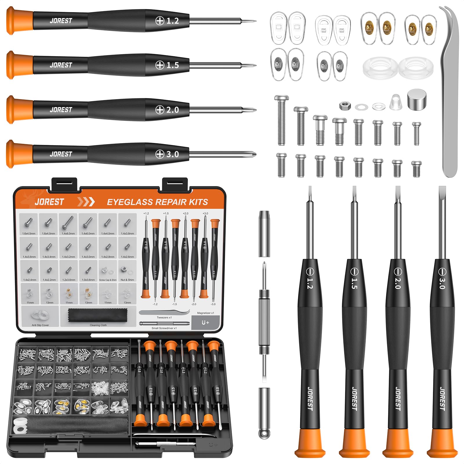 JOREST Brillen Reparatur Werkzeug Kit, Brillenreparaturset mit kleinen Schrauben, Nasenpads, Pinzette, Reinigungstuch und Präzisions Schraubendrehern Geeignet für Brillen, Sonnenbrillen und Rahmenlose