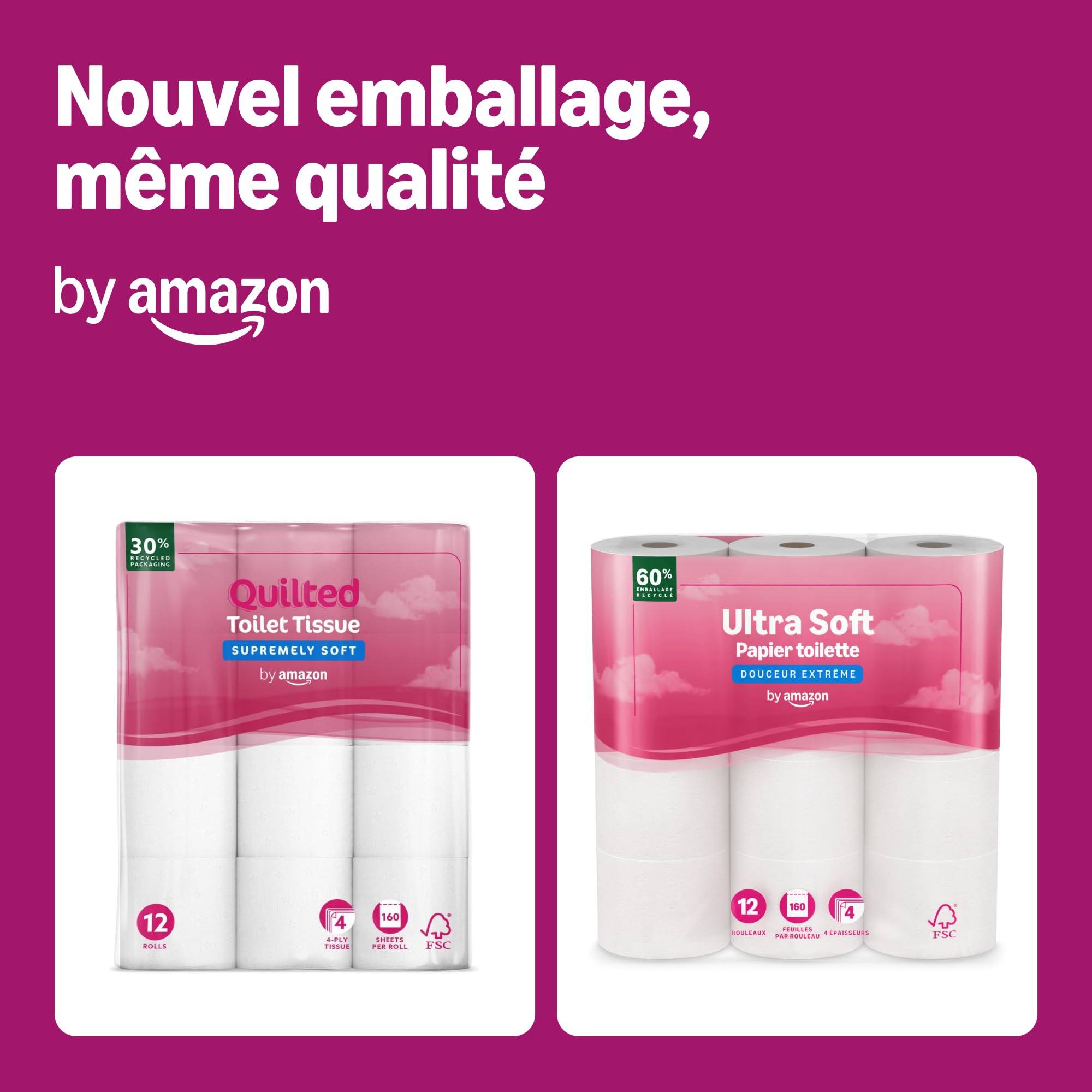by Amazon Papier Toilette, 4 Épaisseurs Matelassé, Douceur Suprême, 48 Rouleaux (4 Paquets de 12), 160 Feuilles par Rouleau, Certifié FSC