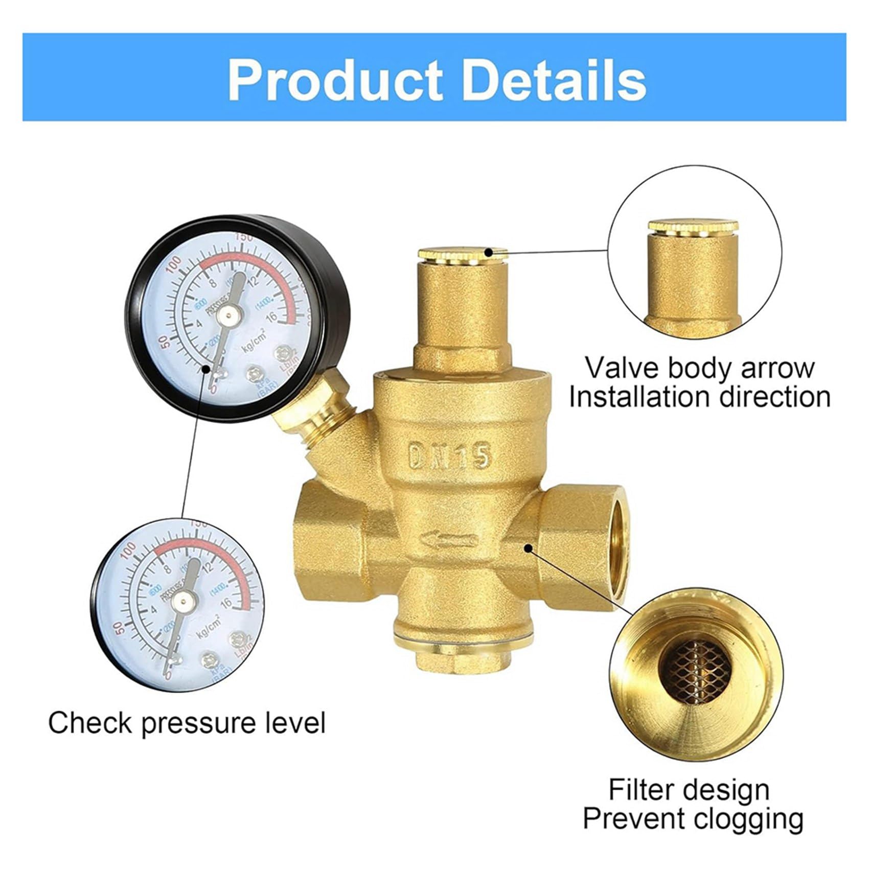4 x regulator ciśnienia wody 1/2 z manometrem, twardość mosiądzu, regulowany zawór redukcyjny ciśnienia wody