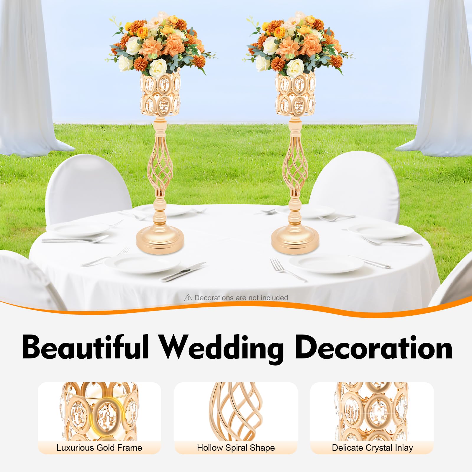 Vaso di lusso alto 61 cm, 10 vasi di fiori moderni con cristallo per decorazione da tavolo, vasi da tavolo decorativi per matrimoni, feste, oro