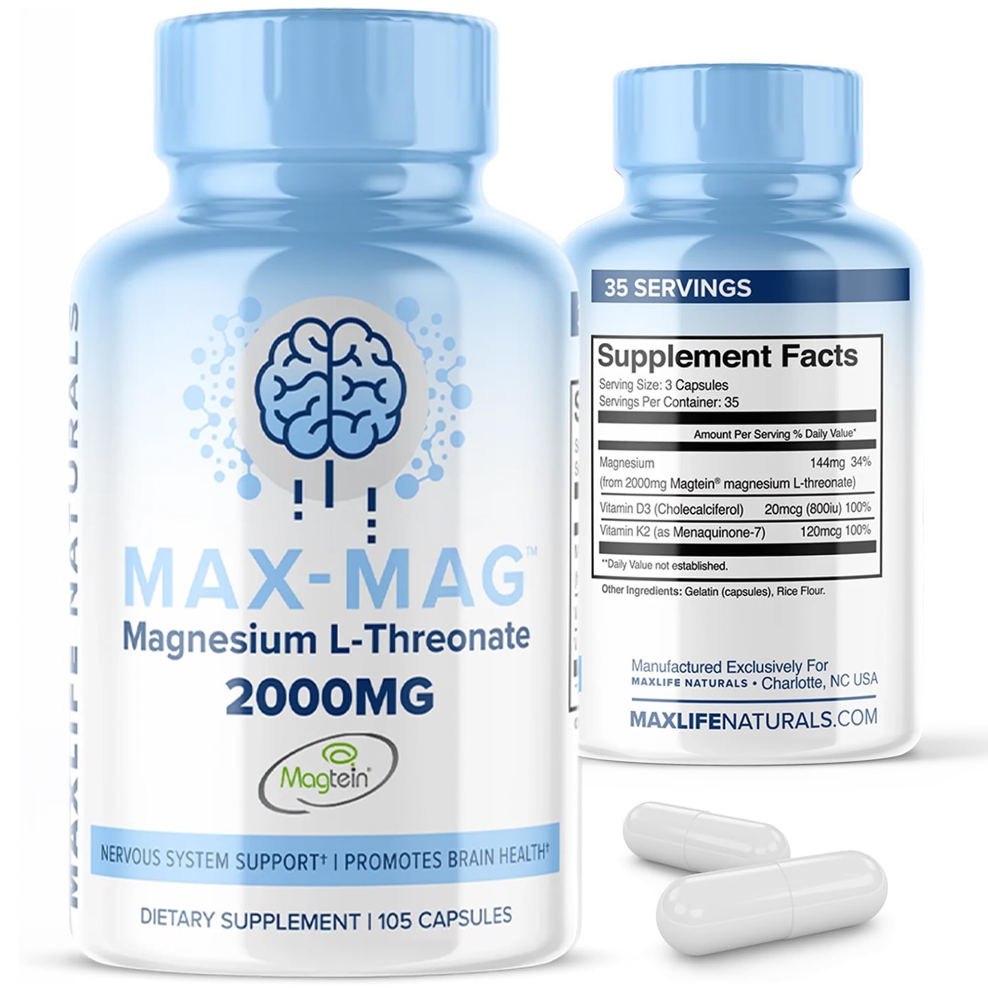 MaxLife Naturals Max-Mag Magnesium L-Threonate 2000mg Supplement USA Made