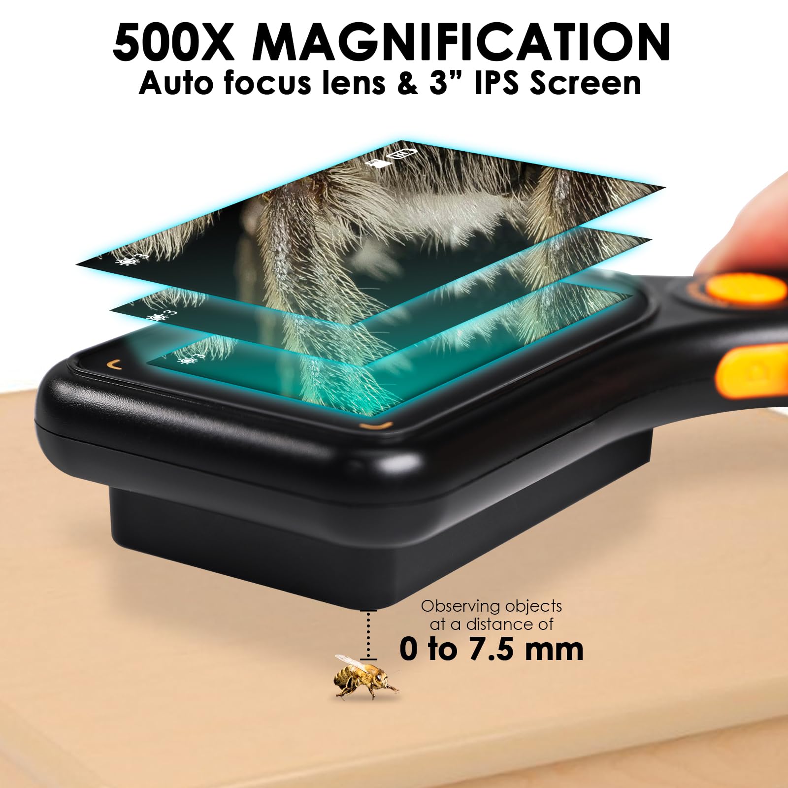Microscopio Digitale con Ingrandimento 500X e Schermo IPS da 3" | 8 Luci LED Regolabili | Messa a Fuoco Automatica | Slot per Scheda TF | Ricarica USB-C Microscopio USB Tascabile Portatile