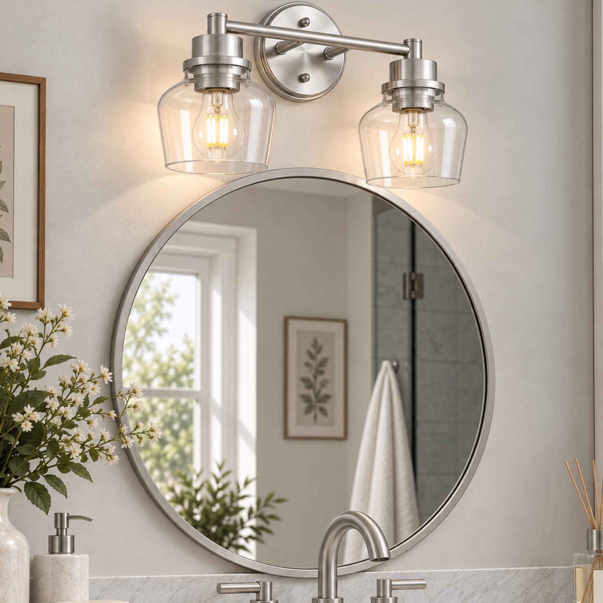 Emak 2-Light Vanity Lights, Brushed Nickel Bathroom Lights Over Mirror with Clear Glass Shade, Modern Bathroom Wall Sconces, VL122-BN-CG-2