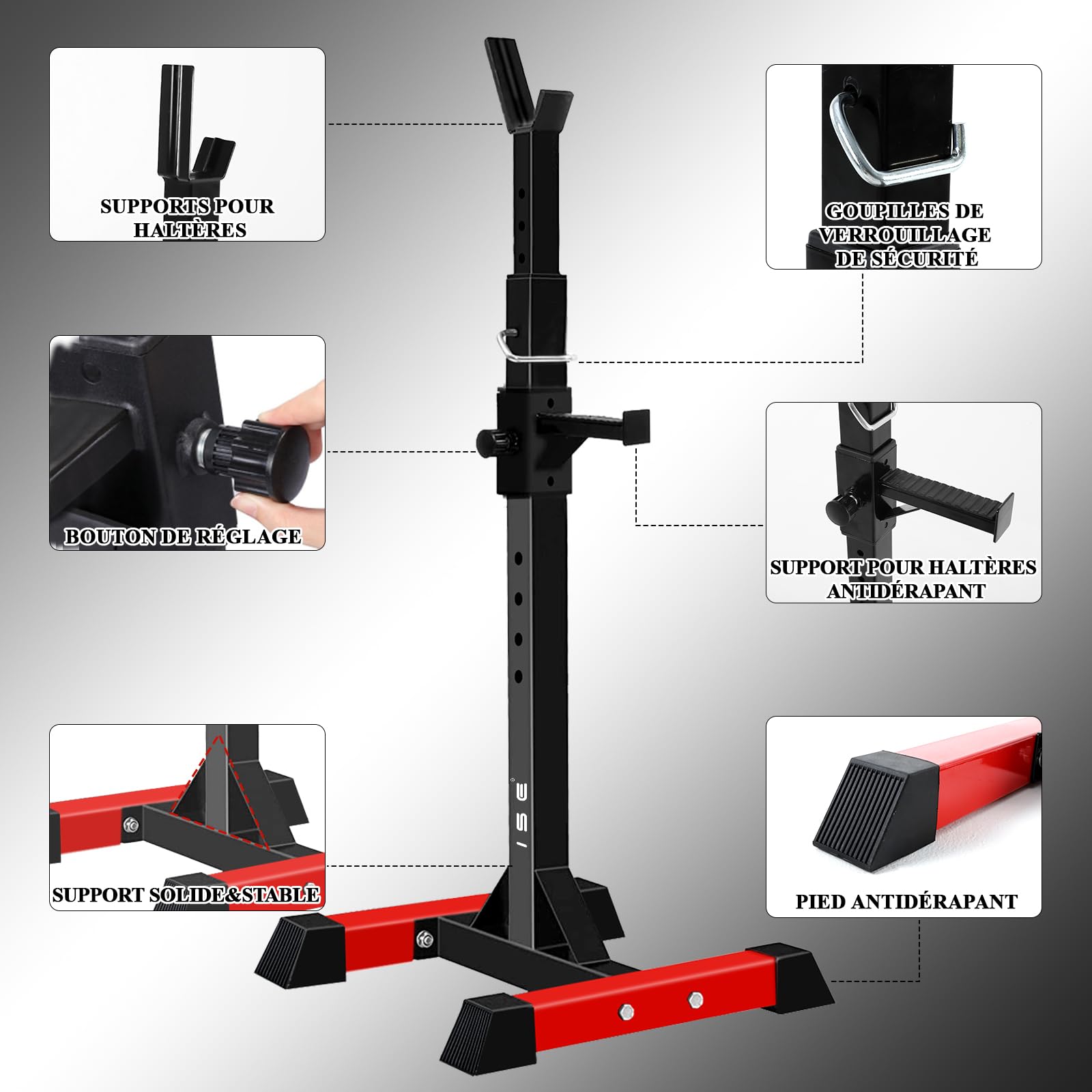 ISE Rack Musculation Multifonction, Squat Rack Adjustable, Rack Squat, Chandelle Musculation 16 Position Hauteur Réglable, Avec Support Barre Super Stabilité, Fitness à Domicile, Capacité Elevée 200KG