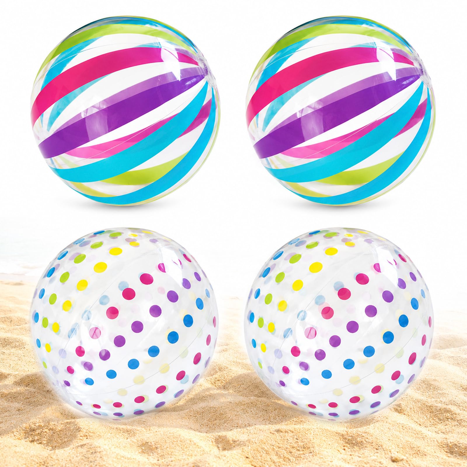 ZhouWei 4 sztuki, nadmuchiwany balon basenowy, średnica 28 cm, przenośny nadmuchiwany balon plażowy z kolorowymi paskami i kropkami, nadmuchiwana piłka plażowa dla dzieci, dorosłych, na plażę, wakacje