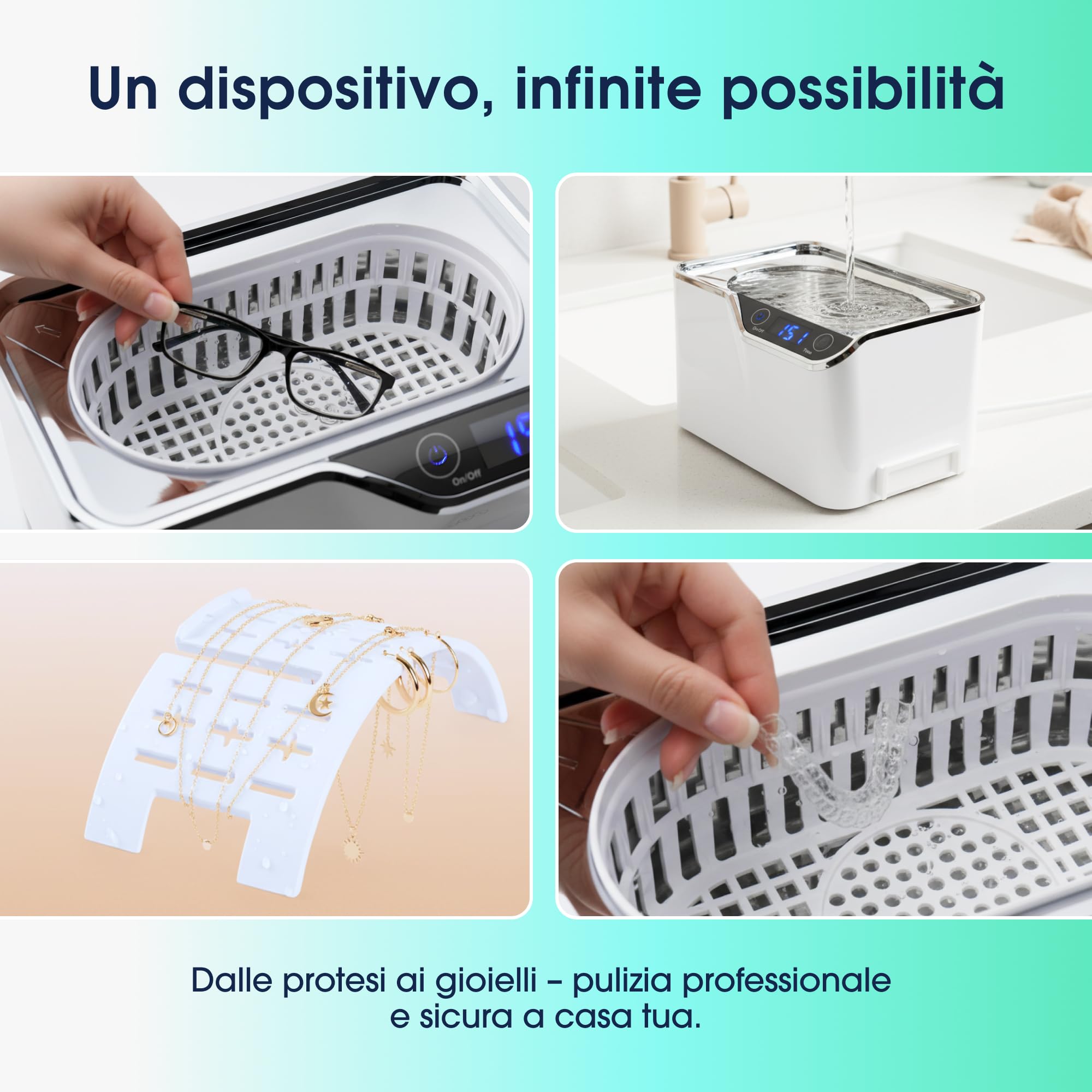 ZENT Pulitore ultrasuoni 42kHz 600ml, Ultrasuoni per pulisci occhiali, Pulizia apparecchio ortodontico, protesi dentarie, gioielli, orologi, invisalign - 5 programmi temporali, Pannello touch LED