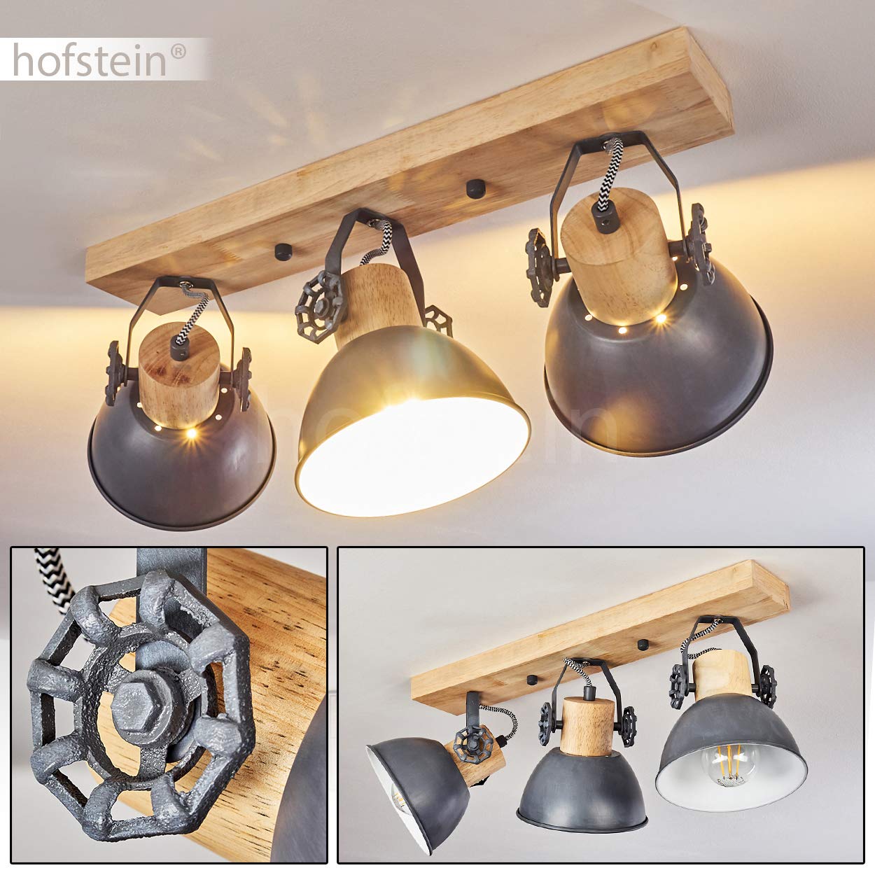 HOFSTEIN Deckenleuchte Orny, verstellbare Deckenlampe aus Metall/Holz in Grau/Weiß/Natur, moderne Leuchte im Industrial/Retro/Vintage-Design, 3 x E27, Wohnzimmer, Esszimmer, Schlafzimmer, Küche
