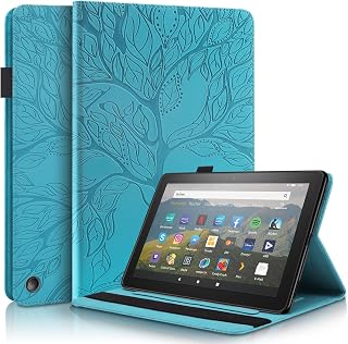 For Fire HD 8 & Brand Plus Tablet10th Generation, 2020 release) Pu Läderfodral Flip Plånbok Skyddskåpa Träd av Life Tablet Case Card Slot Pc Omslag(Blu)