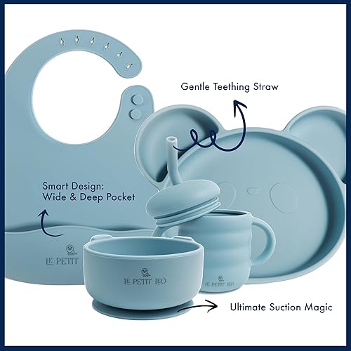 Miniatura 6 de Juego completo de alimentación de bebé de silicona, suministros completos de destete para bebés con baberos de silicona no tóxica, placas de color