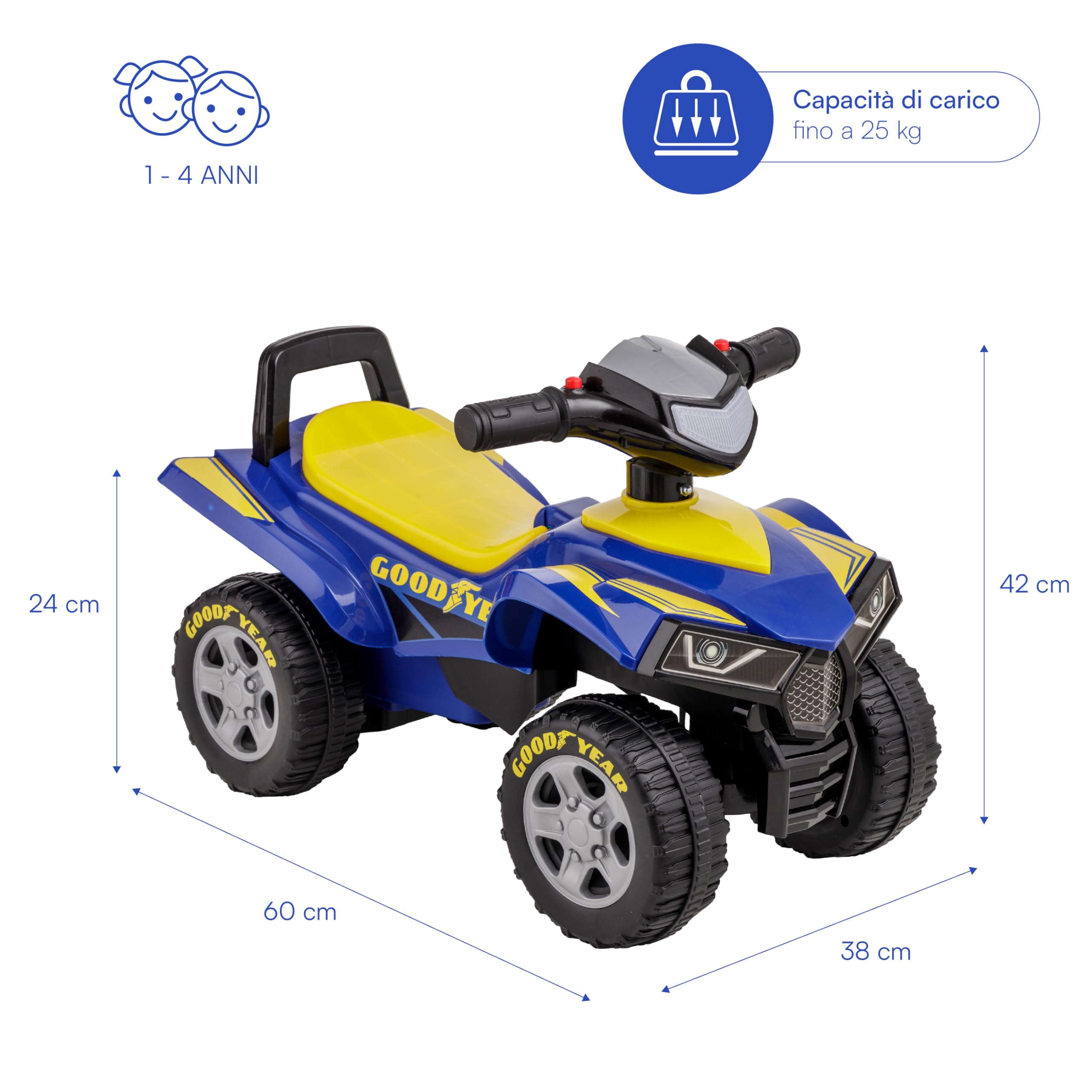 Baroni Toys Quad Giocattolo Cavalcabile per Bambini 18-36 Mesi con con Licenza GOODYEAR, Vano Portaoggetti, Suoni Realistici e Fari LED, Dispositivo Antiribaltamento, 38x60x42 cm